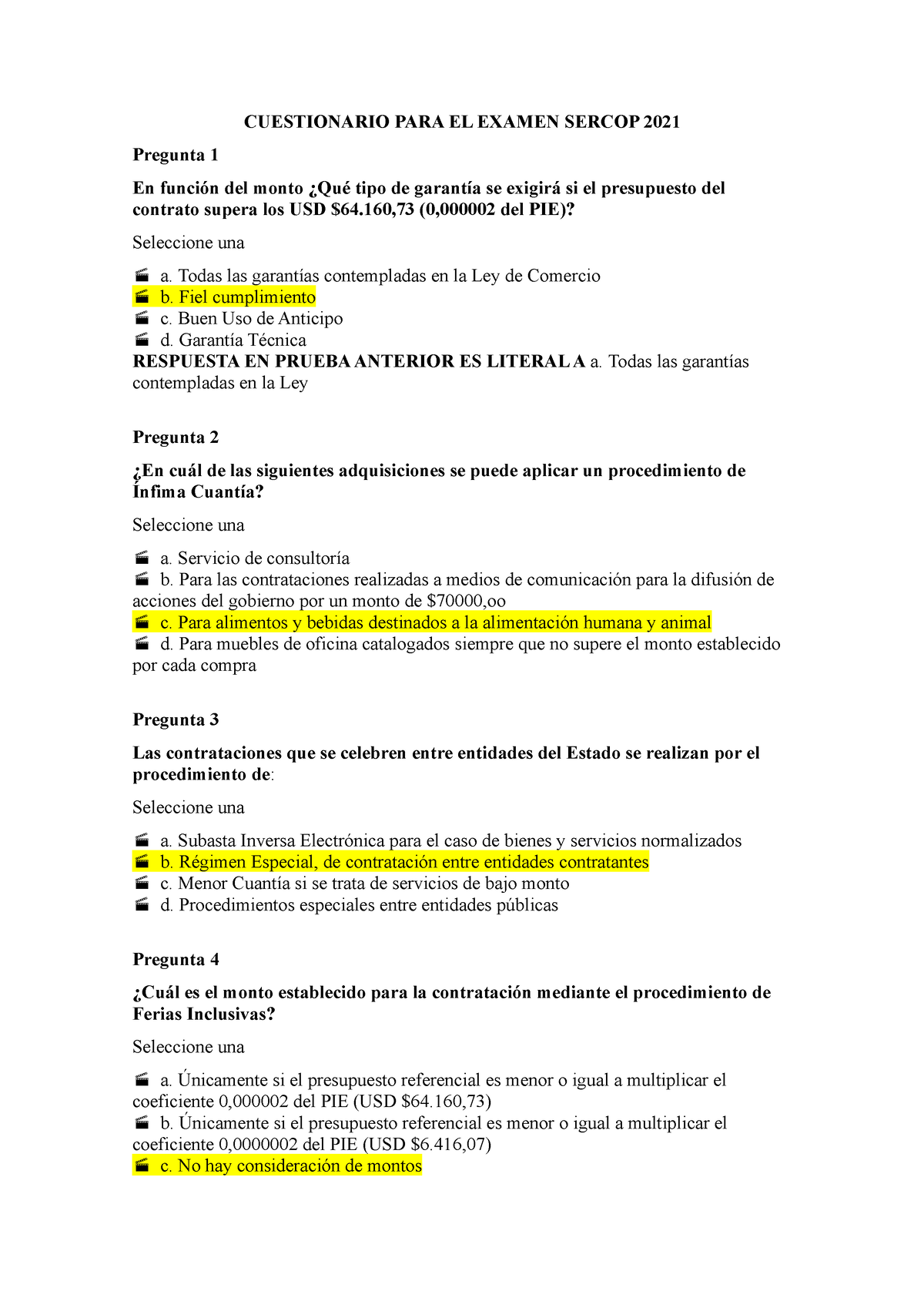 Cuestionario PARA EL Examen Sercop 2021 - CUESTIONARIO PARA EL EXAMEN ...