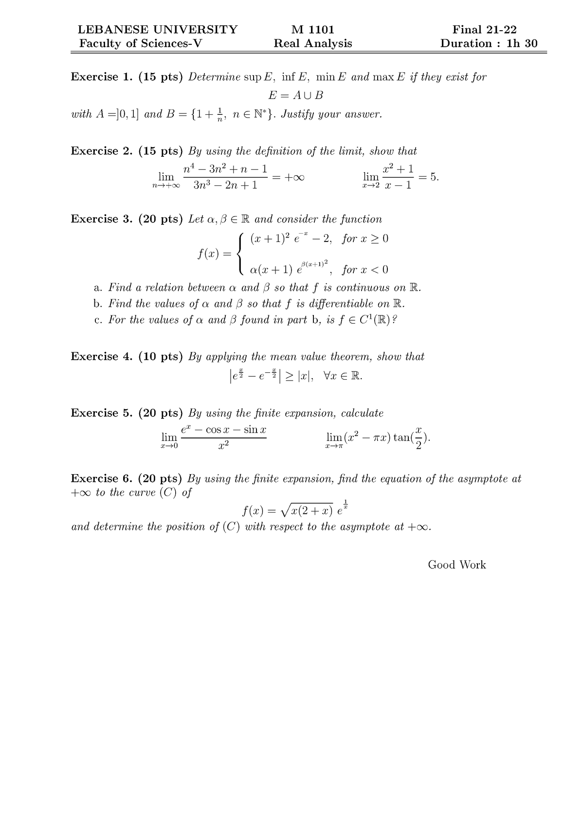 Final 21-22M1101E - LEBANESE UNIVERSITY M 1101 Final 21- Faculty of ...