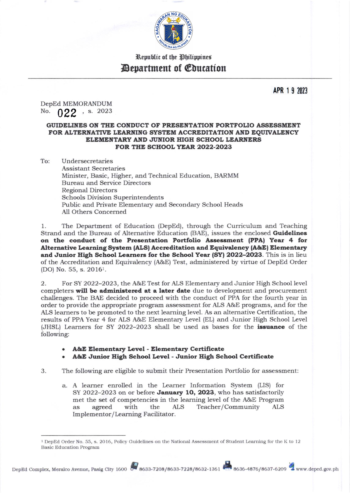 Deped Memorandum NO. 22 Series OF 2023 - Besartmert Of @lucution DepEd ...