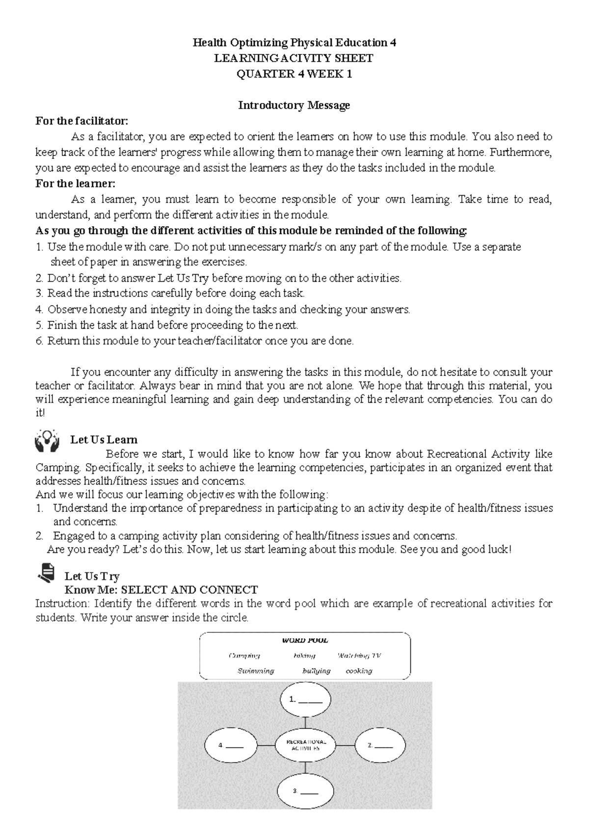 Health optimizing physical education 4 module health optimizing