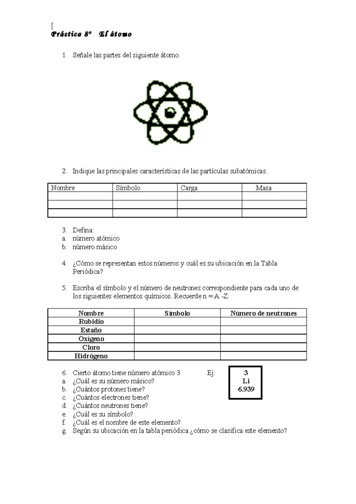 Atomo ficha de trabajo - actividad en clases - [ Práctica 8º El átomo 1 ...