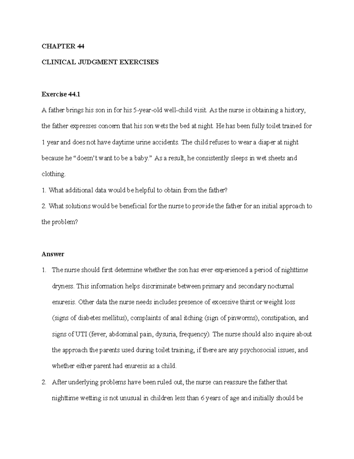 Chapter 44 review - CHAPTER 44 CLINICAL JUDGMENT EXERCISES Exercise 44 ...