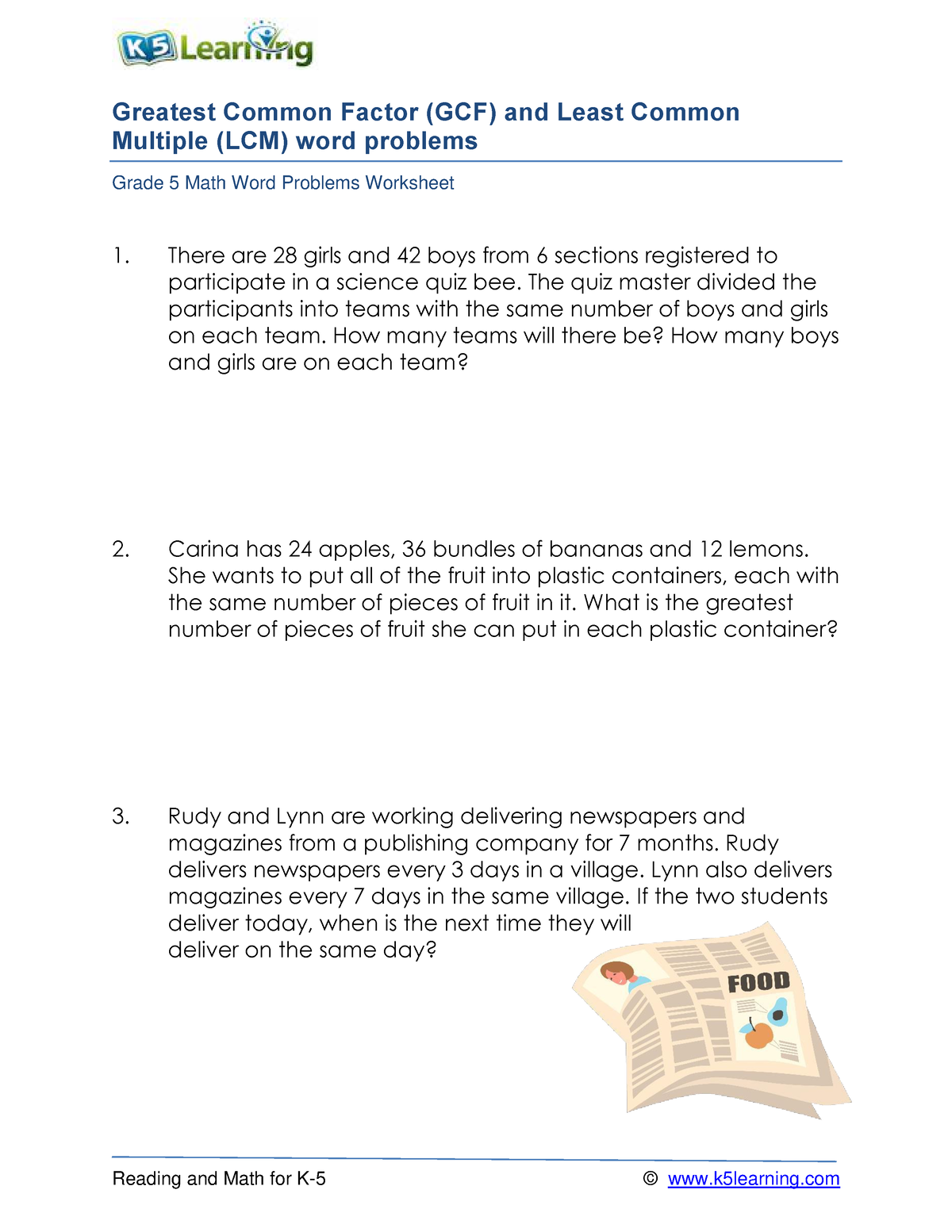 Grade 5 Gcf Lcm Word Problems D - Reading And Math For K- 5 ...