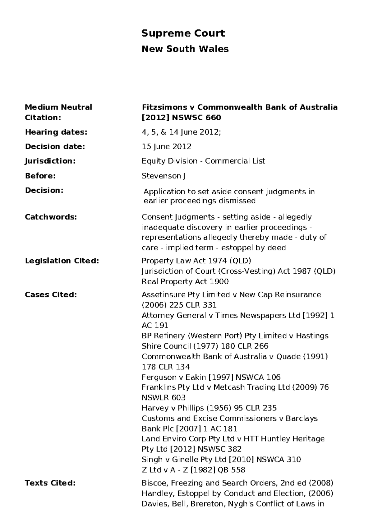 fitzsimons-v-cba-2012-nswsc-660-medium-neutral-citation-hearing