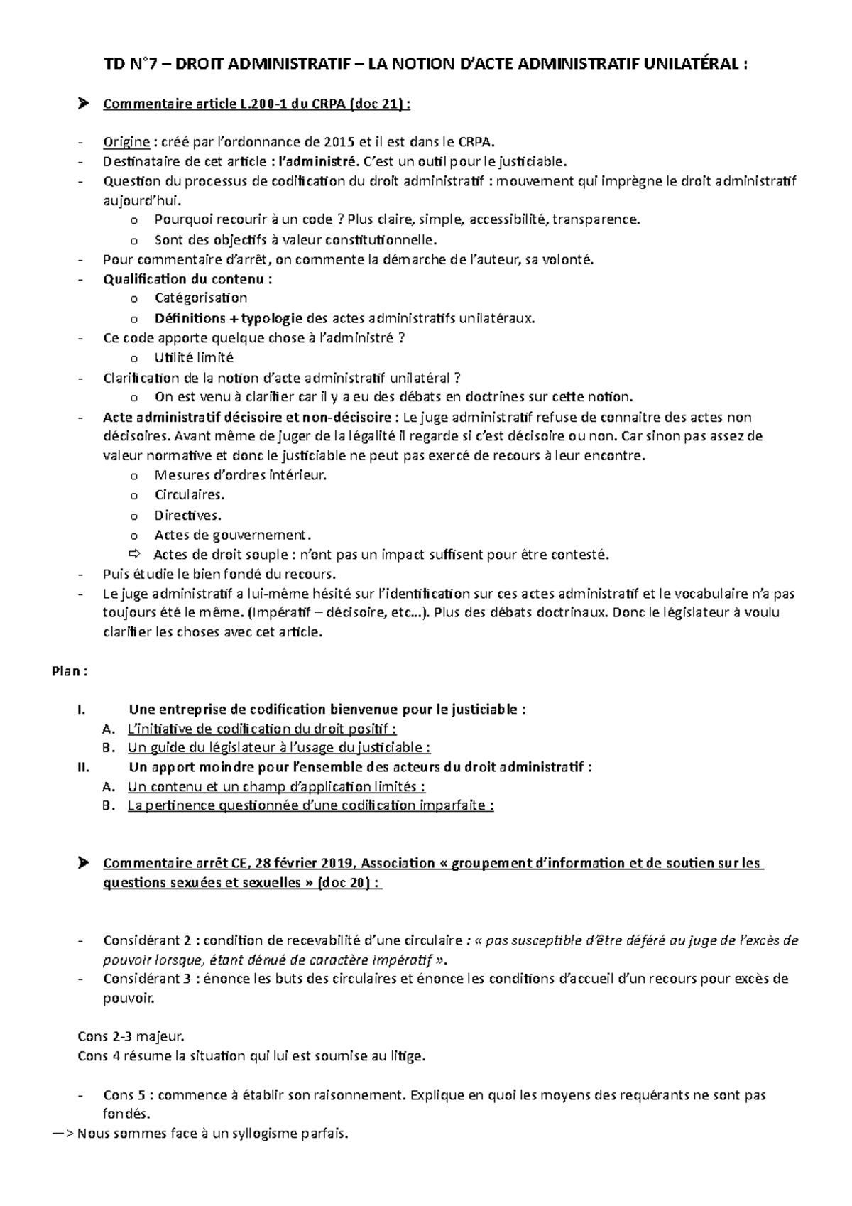 TD N°7 ACTE Administratif Unilatéral TD N°7 DROIT ADMINISTRATIF