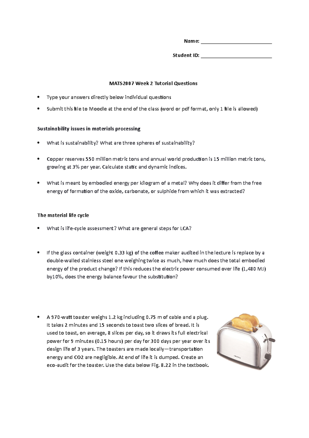 Week 2 Tutorial Questions - Name: _________________________ Student ID