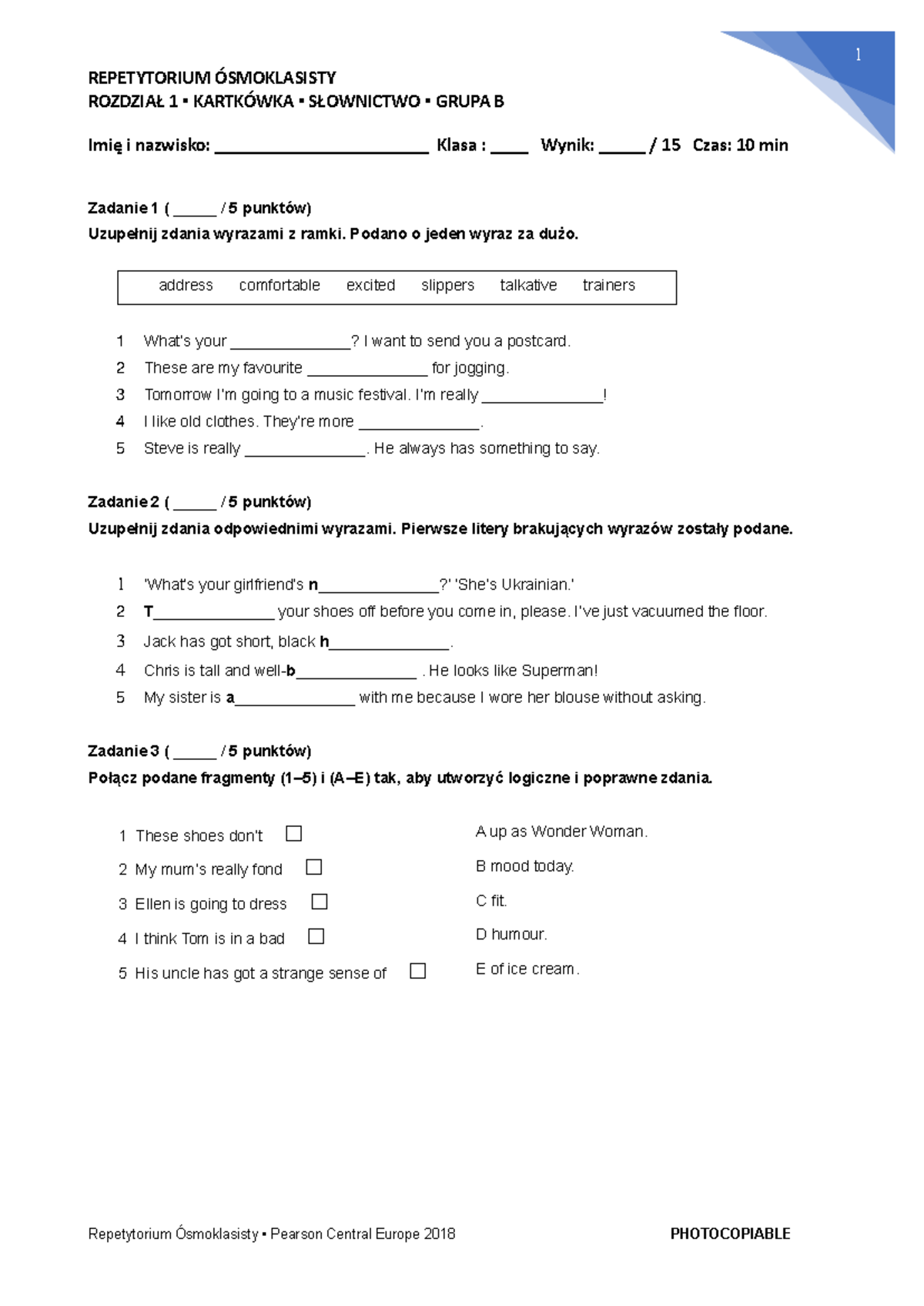REP8 Unit 1 B Short Test Vocab REPETYTORIUM SMOKLASISTY ROZDZIA 1 