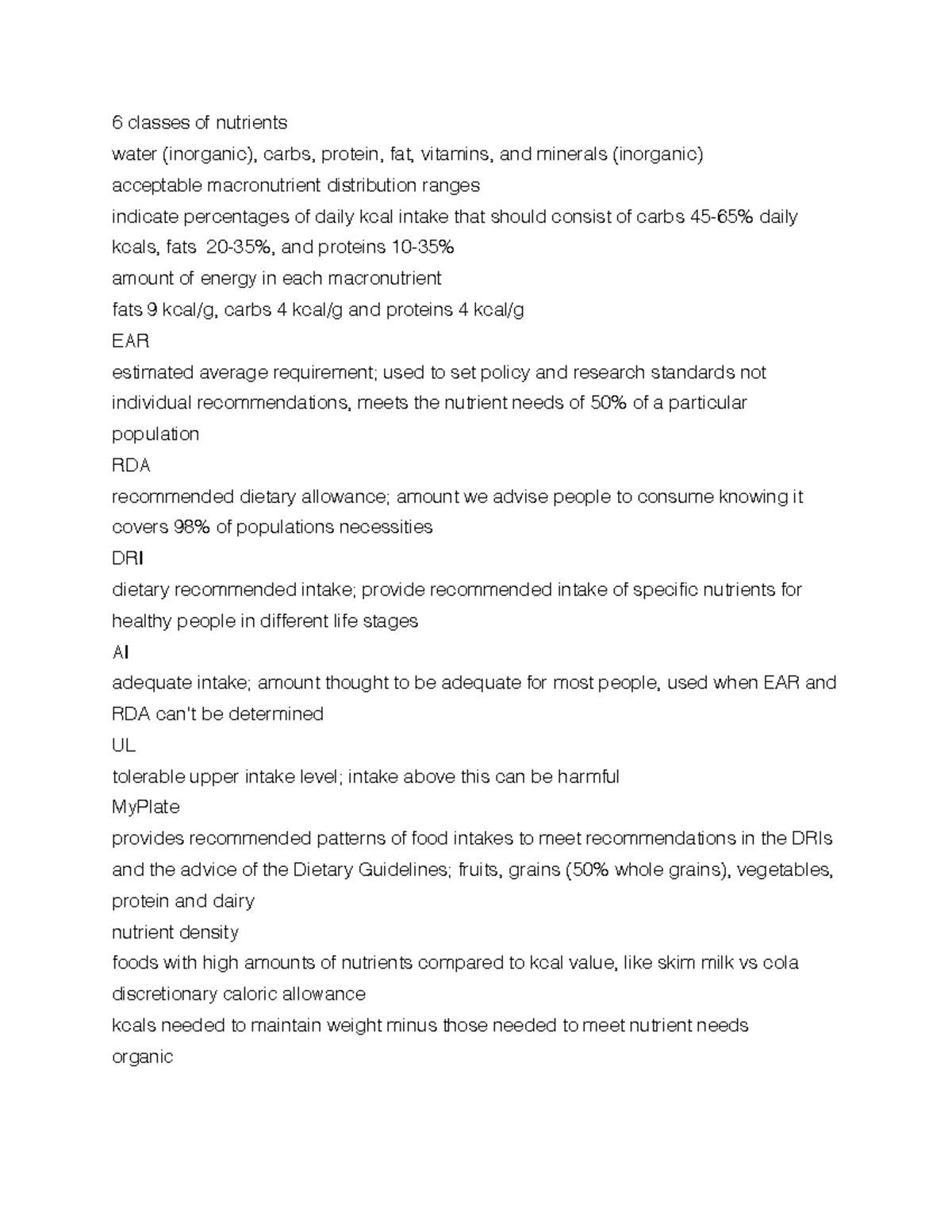 Nutr251 final review 1 - 6 classes of nutrients water (inorganic ...