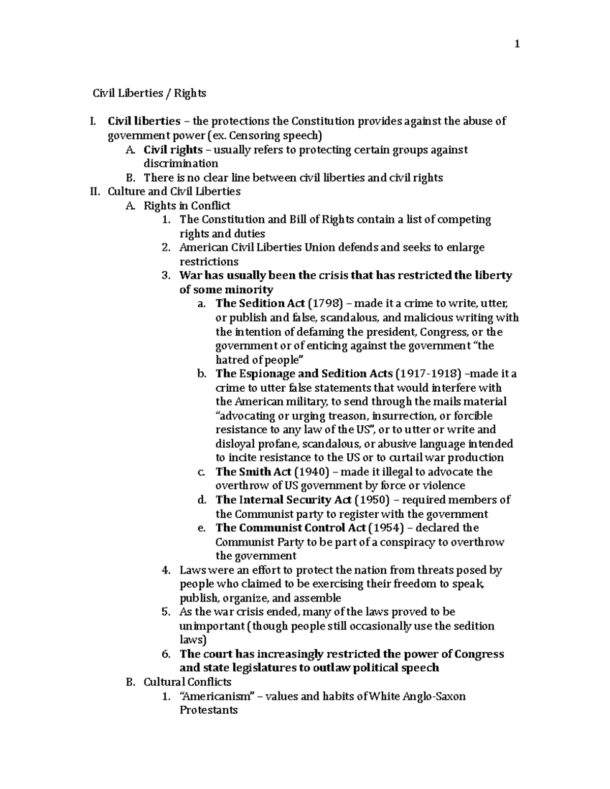 Civil Liberties Notes - Civil Liberties   Rights I. Civil Liberties 