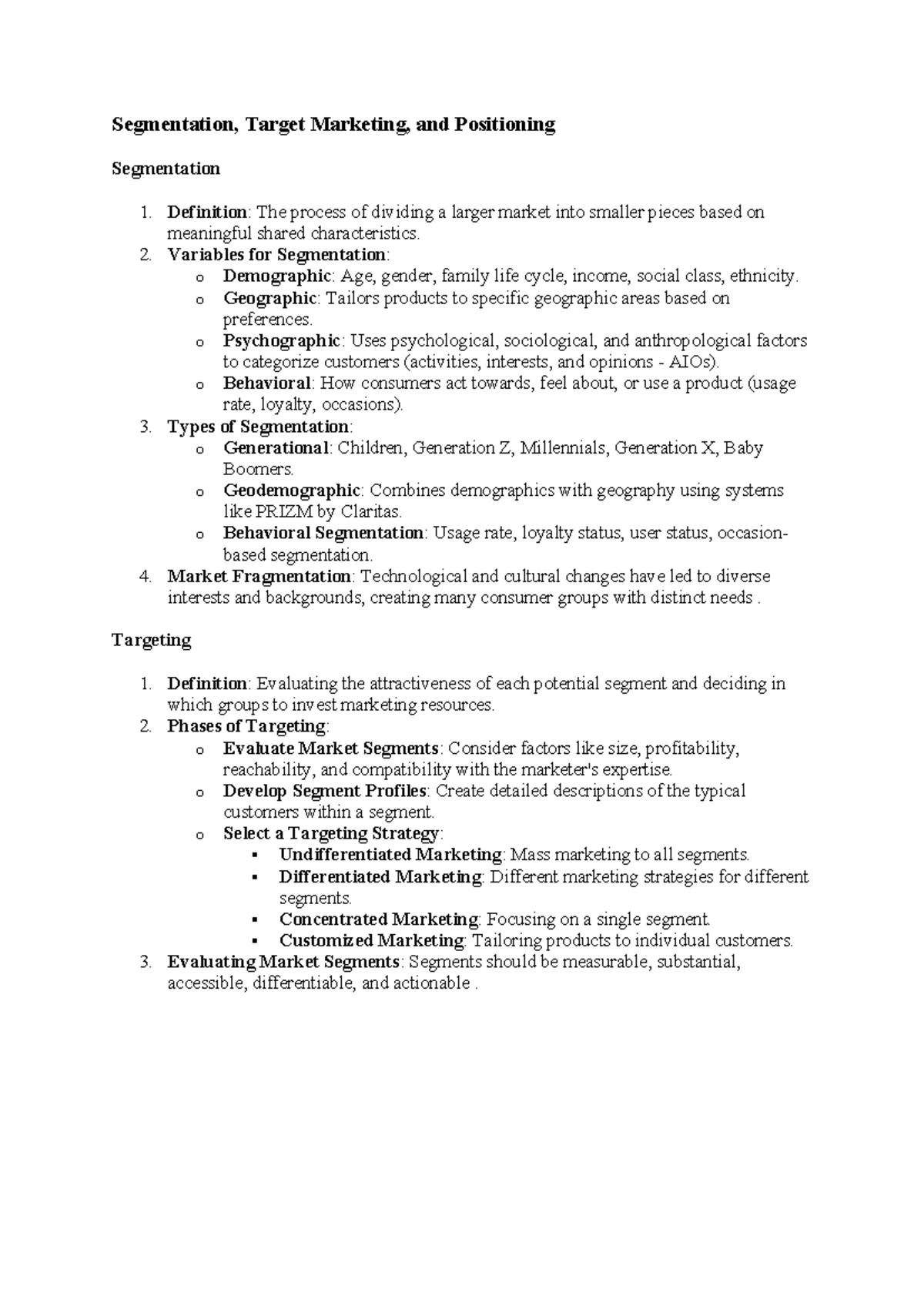 FULL Notes MKT - Segmentation, Target Marketing, and Positioning ...