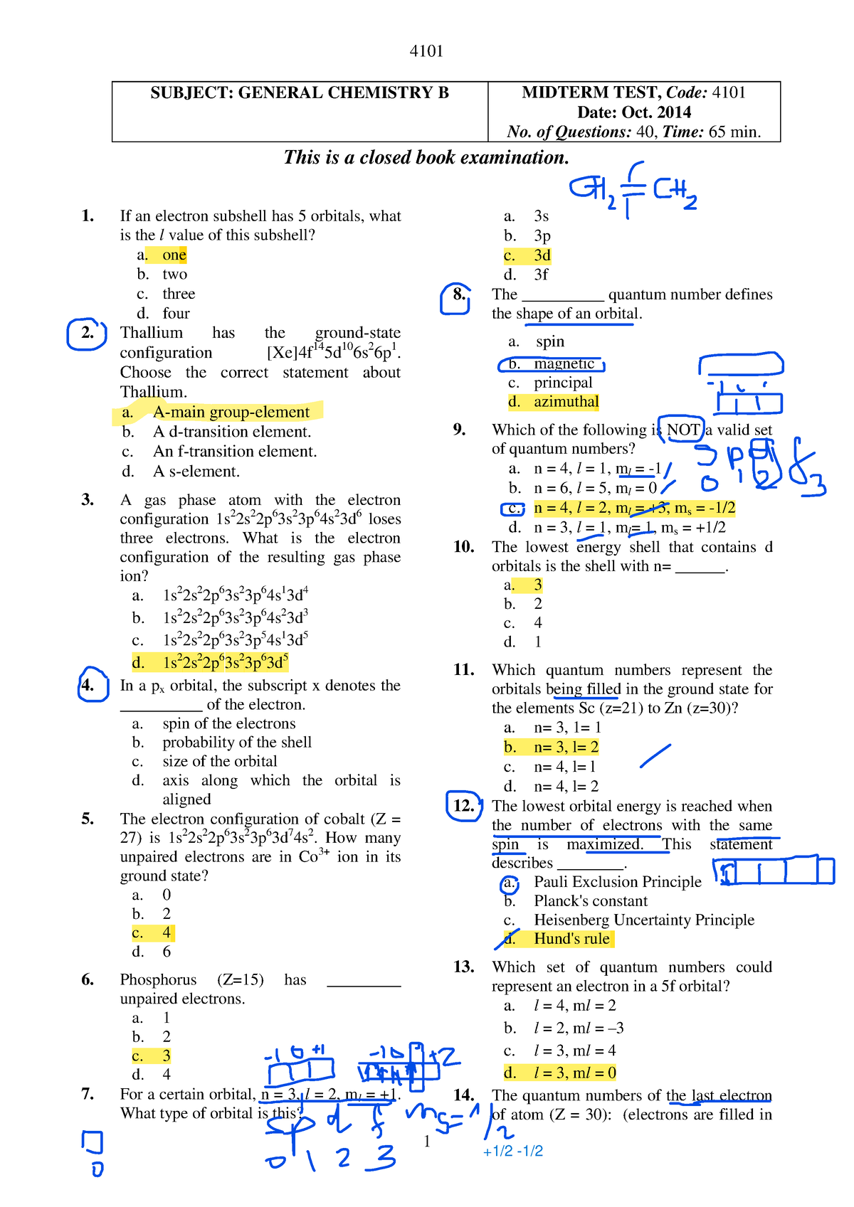 2014 Review Midterm - 4101 1 SUBJECT: GENERAL CHEMISTRY B MIDTERM TEST ...