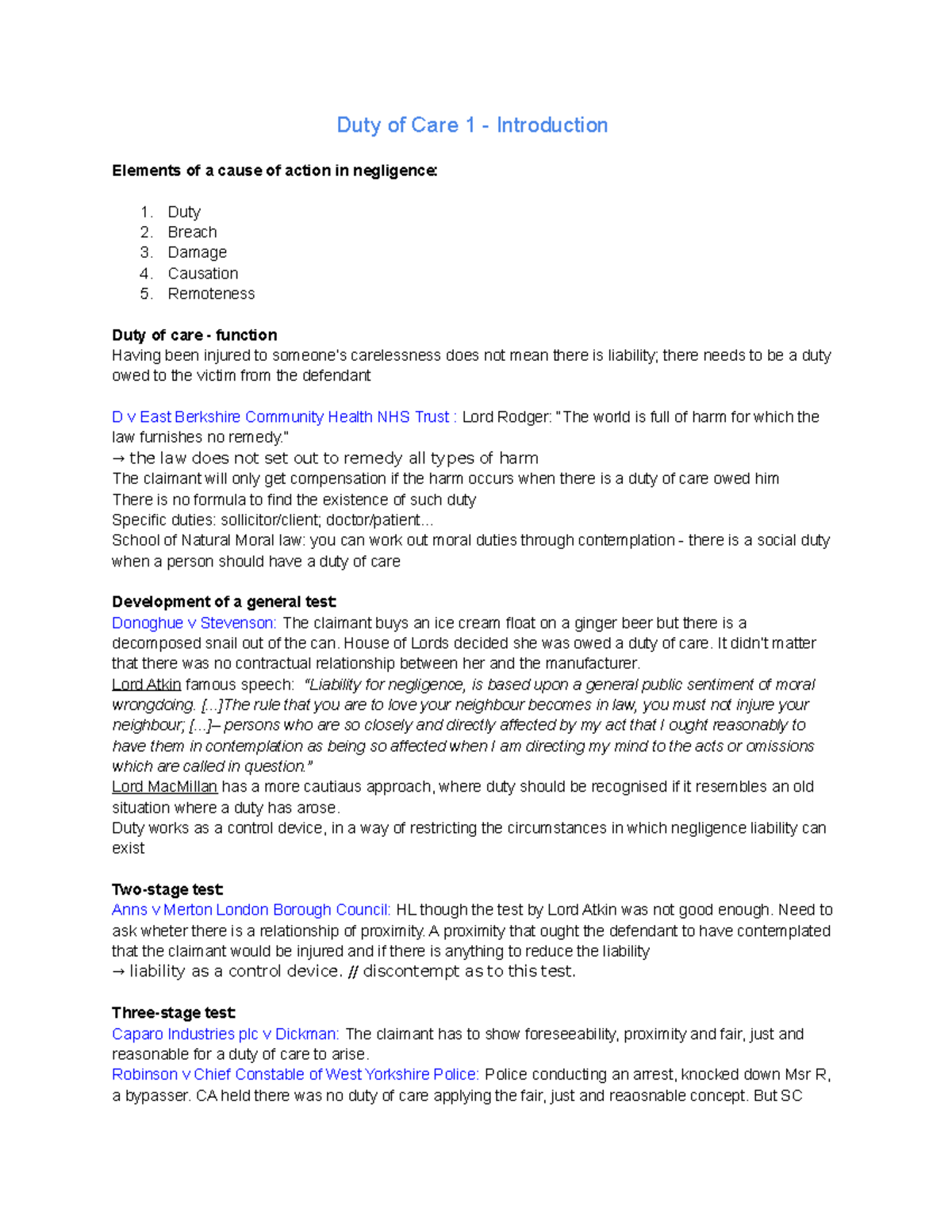 Lecture 3 Tort Law - Revisions - Duty Of Care 1 - Introduction Elements ...