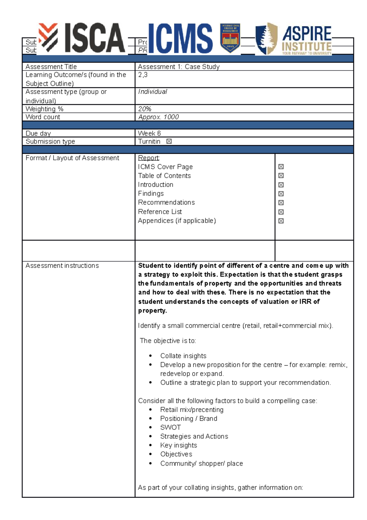 Pro220 Assignment 1 T2 2019 V2 Subject Title Property Management Subject Code Pro Assessment