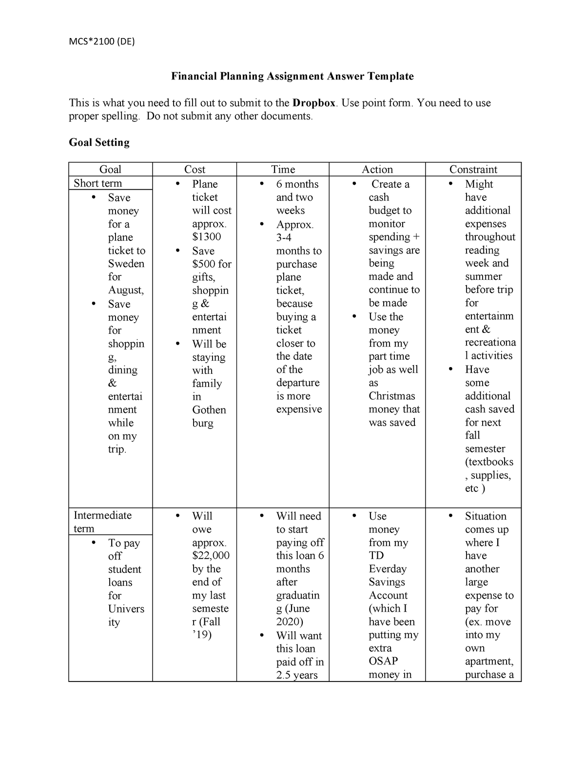 financial planning assignment answers