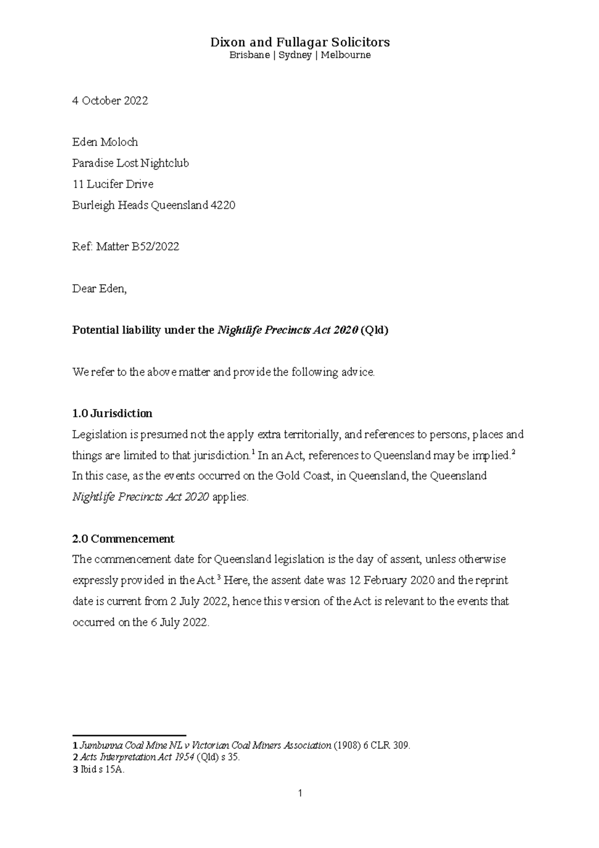 LLB107 Letter OF Advice - Brisbane | Sydney | Melbourne 4 October 2022 ...