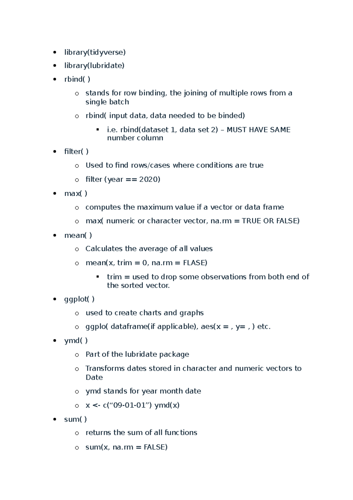 R Programming Notes Pt 1 - BUSANA7000 - Adelaide University - Studocu