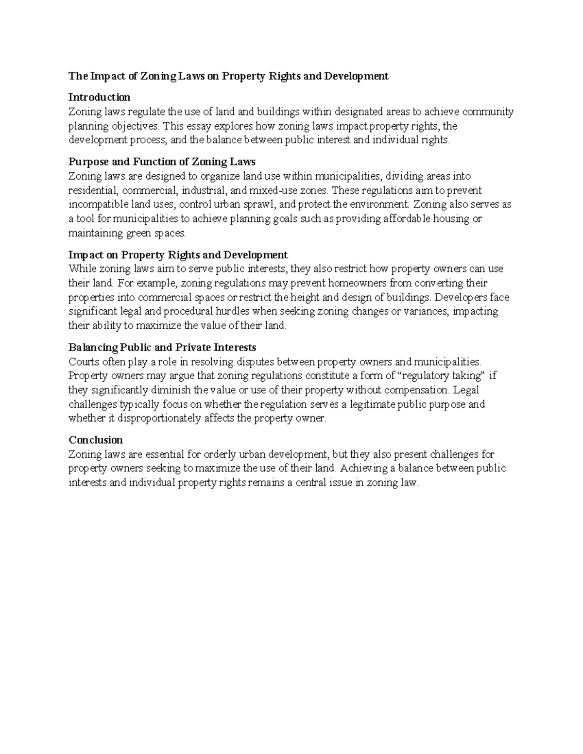 Property Essay Law 3 - The Impact of Zoning Laws on Property Rights and ...