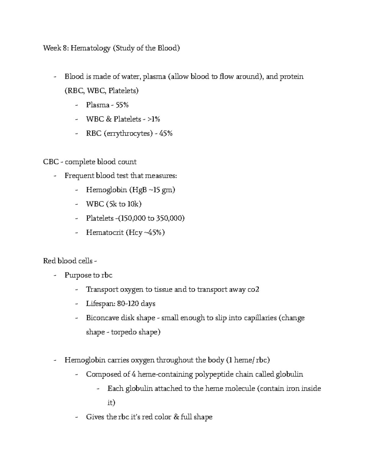 Hemotology Red Blood Cell (RBC) disorders - Week 8: Hematology (Study ...