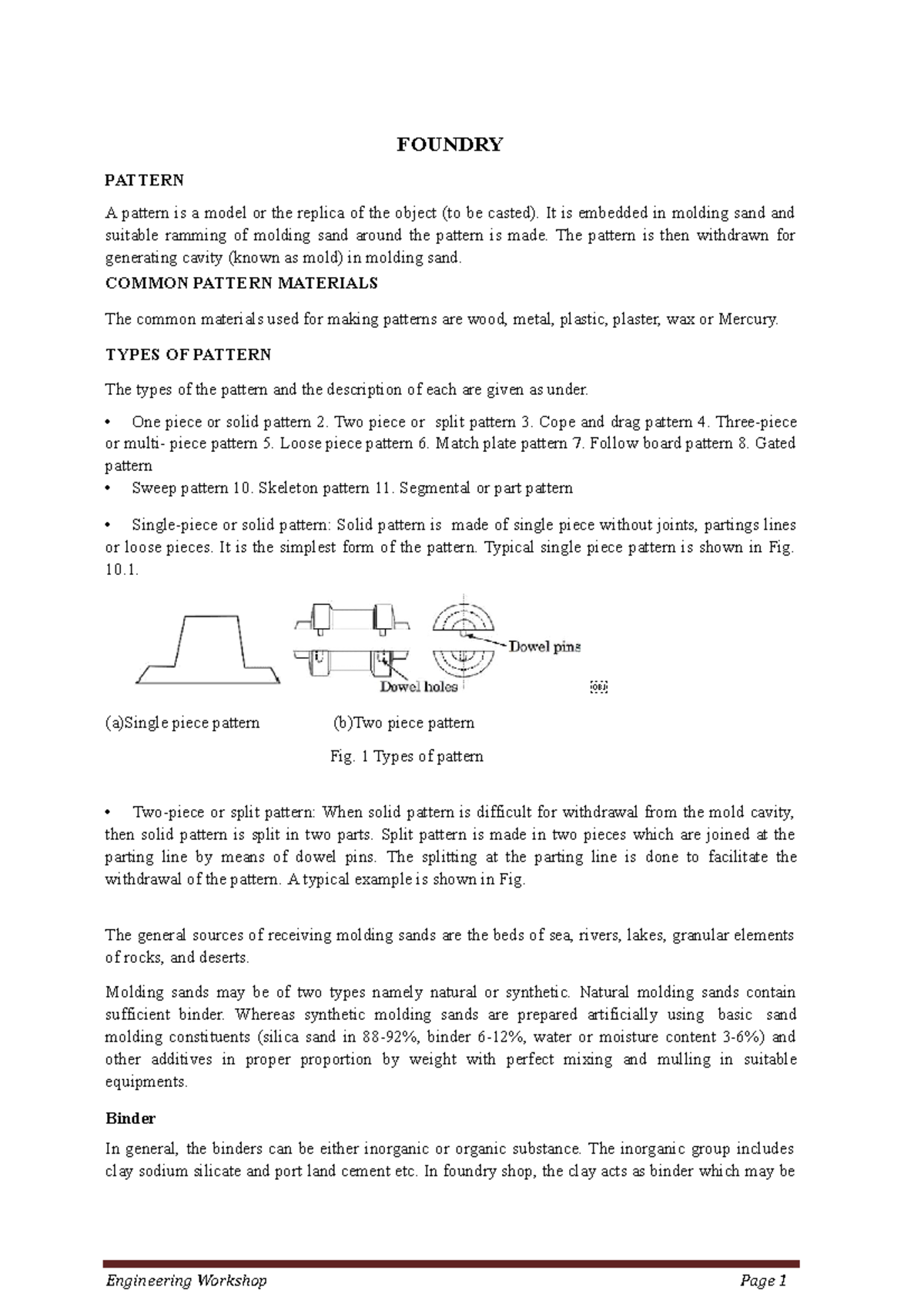 Unit 3 - Foundry - Engineering Workshop Page 1 PATTERN FOUNDRY A ...