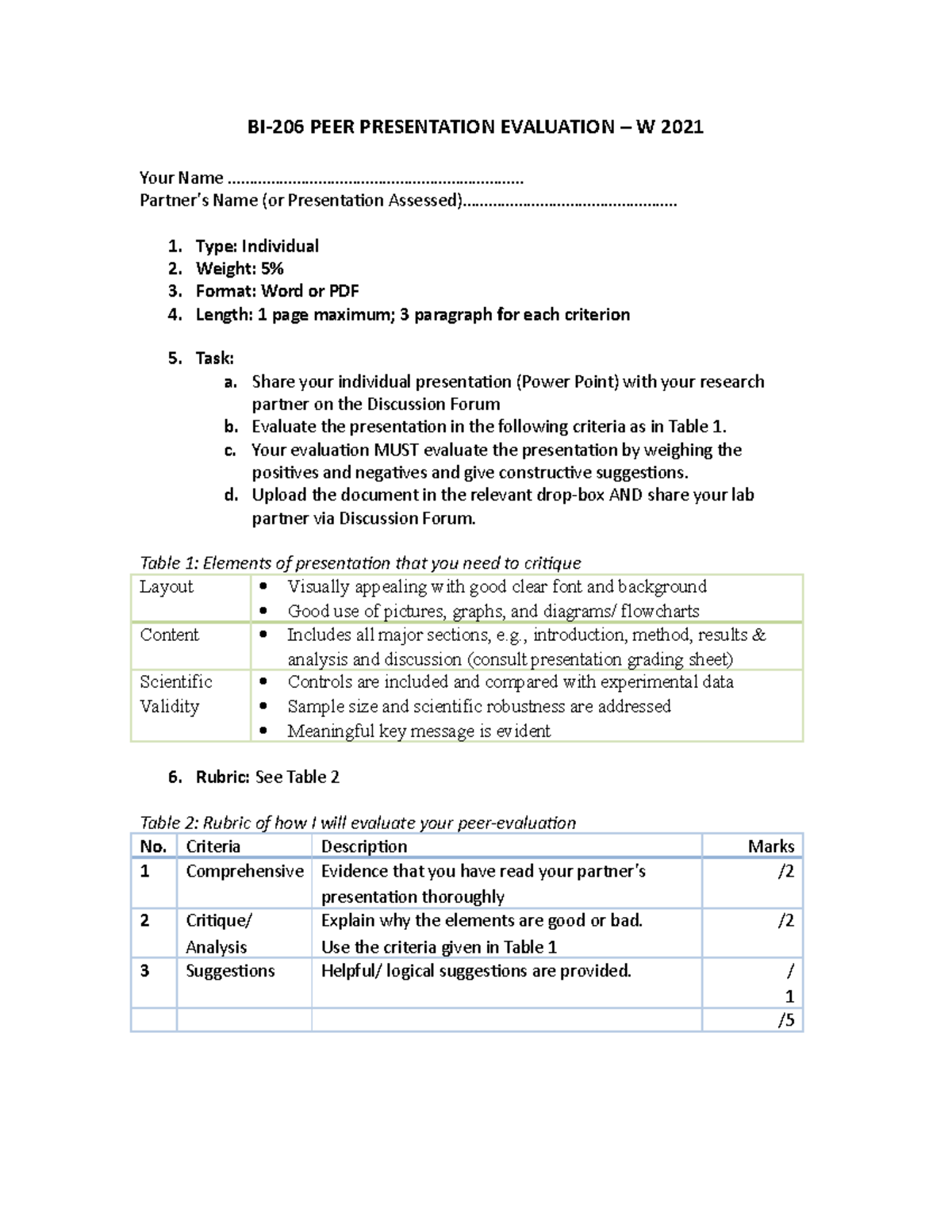 Peer Presentation Evaluation BI-206 W 2020 - BI-206 PEER PRESENTATION ...