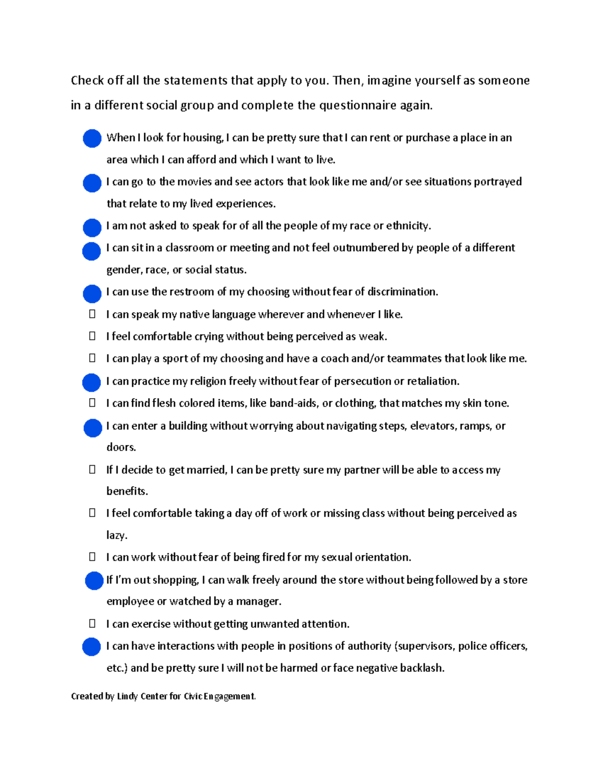 Privilege Checklist Activity - Check off all the statements that apply ...