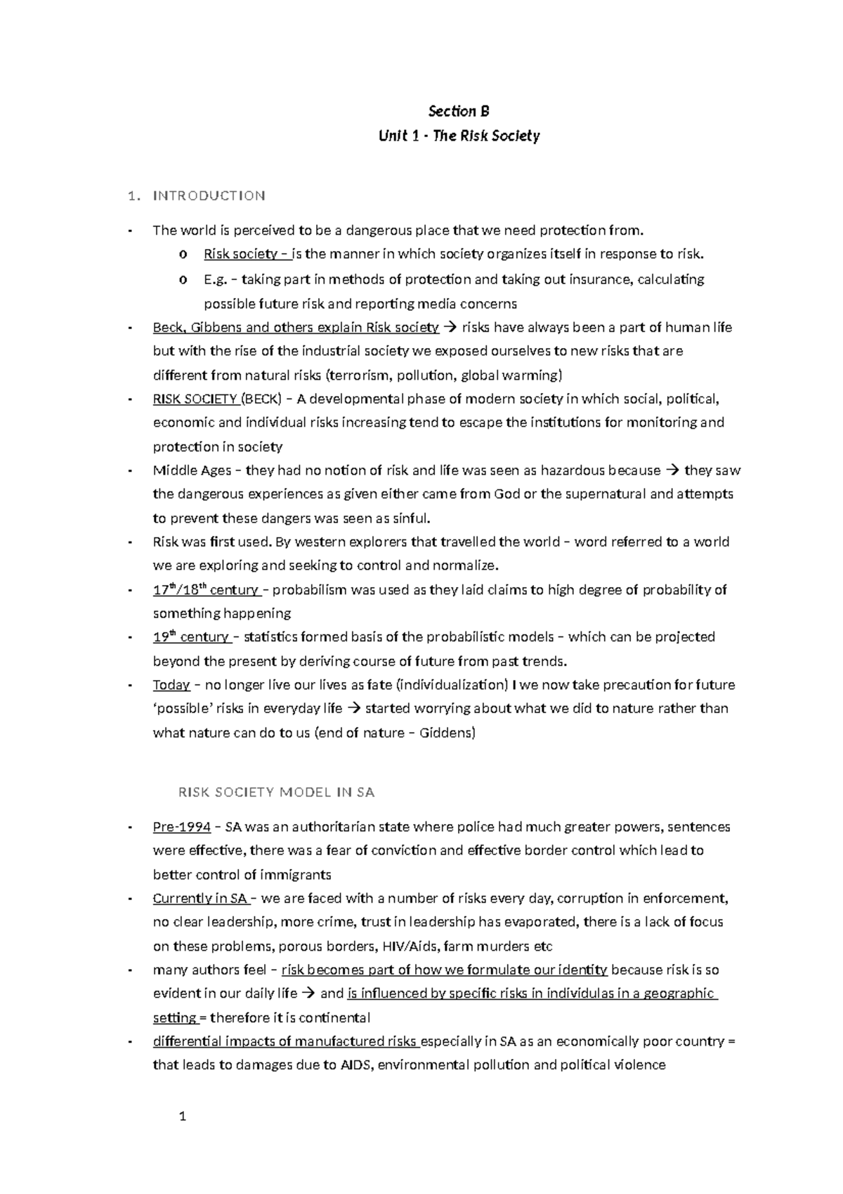 KRM exam section B - Section B Unit 1 - The Risk Society INTRODUCTION ...
