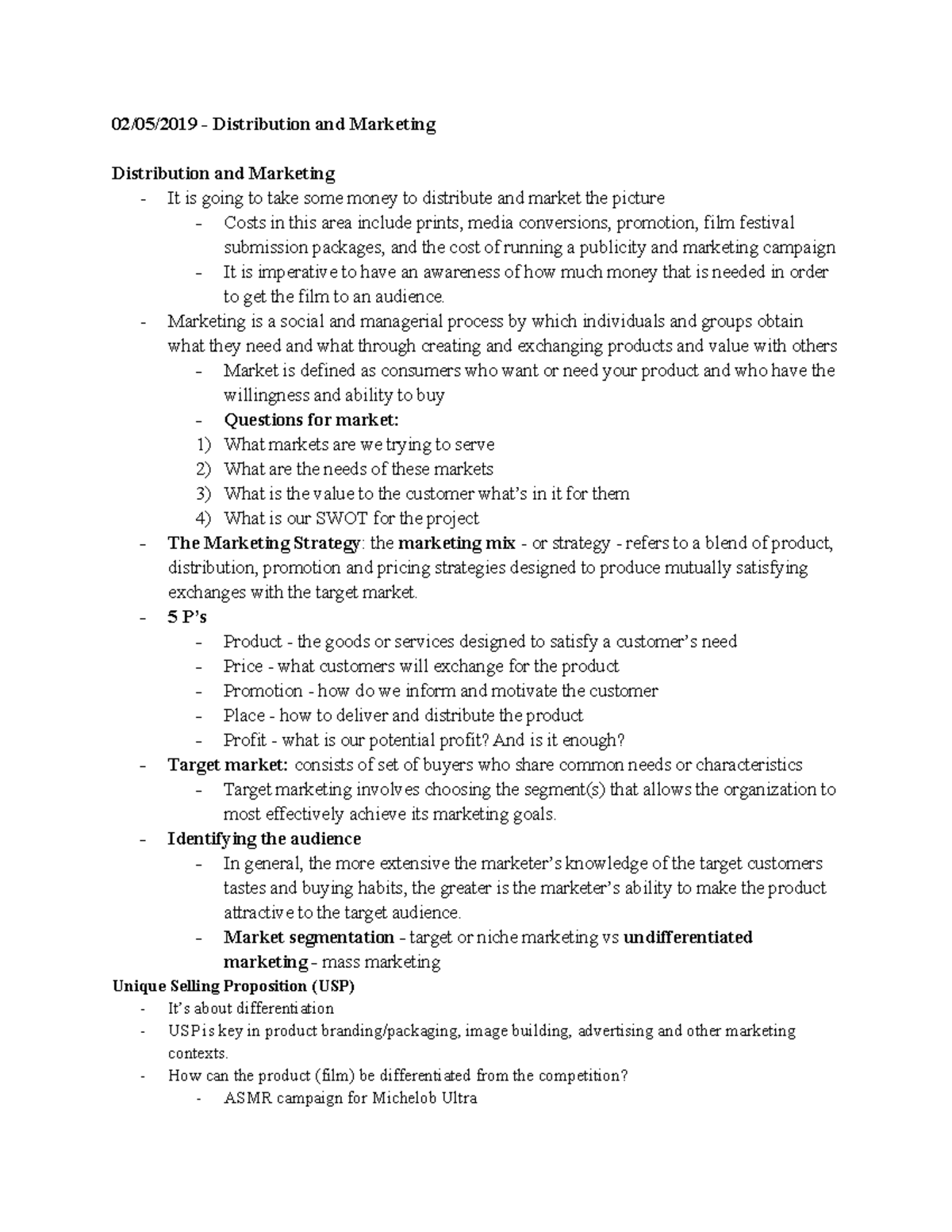 Chapter 4 Lecture Notes - 02/05/2019 - Distribution and Marketing ...