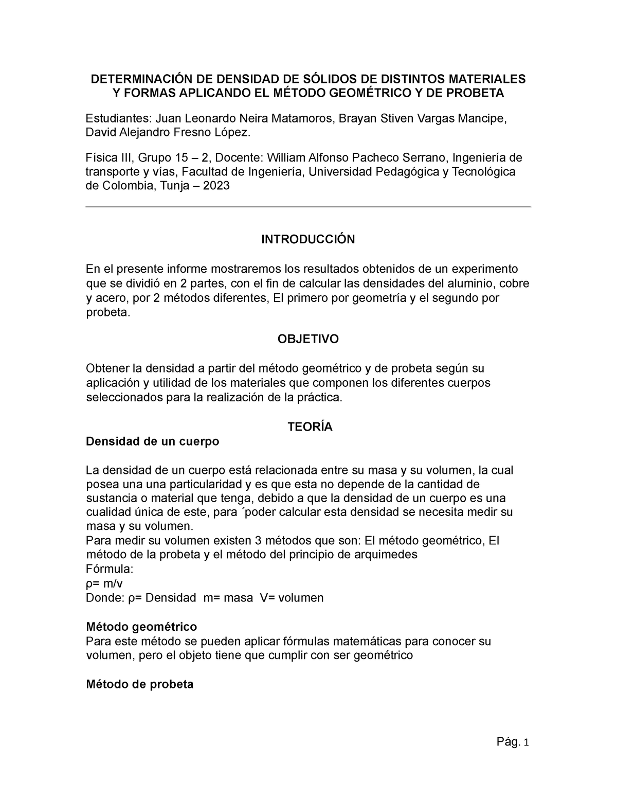 Informe 10 Densidad EN Sólidos - LAB. Física III - DETERMINACIÓN DE ...