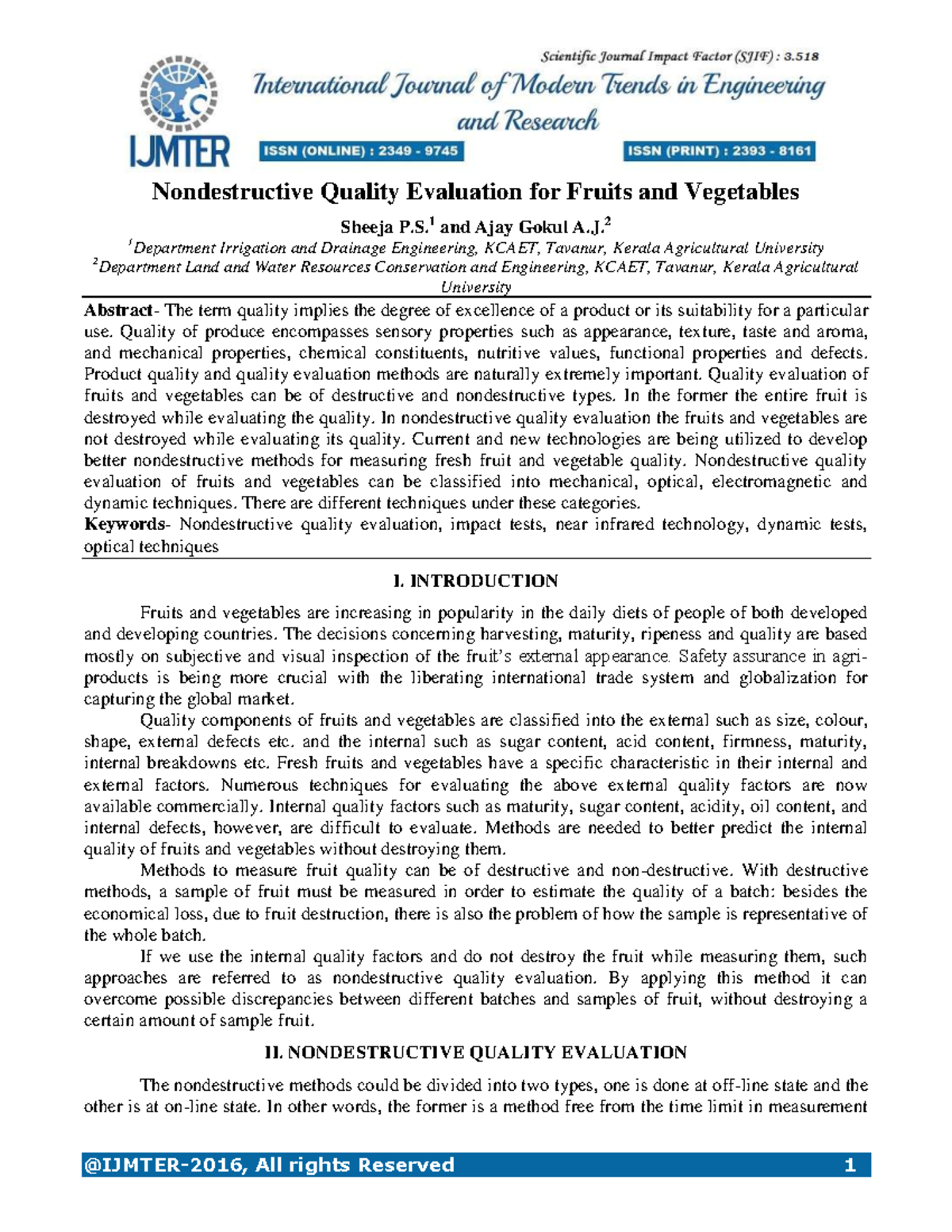 Nondestructive Quality Evaluation for Fruits and Vegetables 1 and