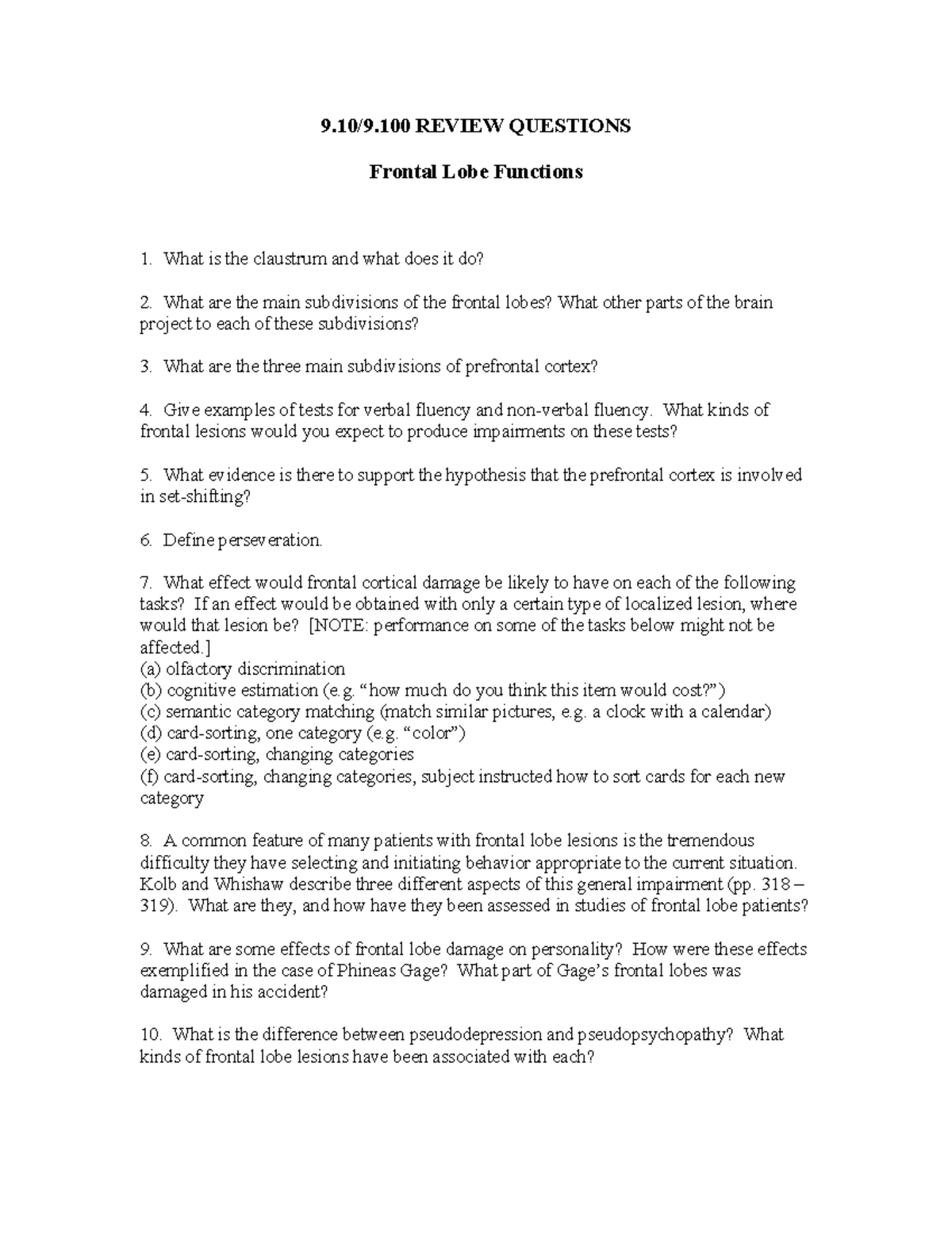Questions ON Frontal LOBR - 9.10/9 REVIEW QUESTIONS Frontal Lobe ...