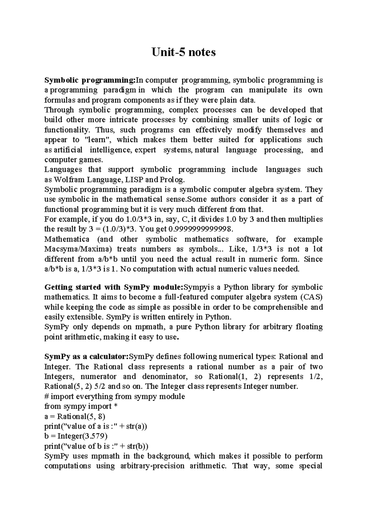UNIT 5 - Notes Python - Unit-5 notes Symbolic programming:In computer ...