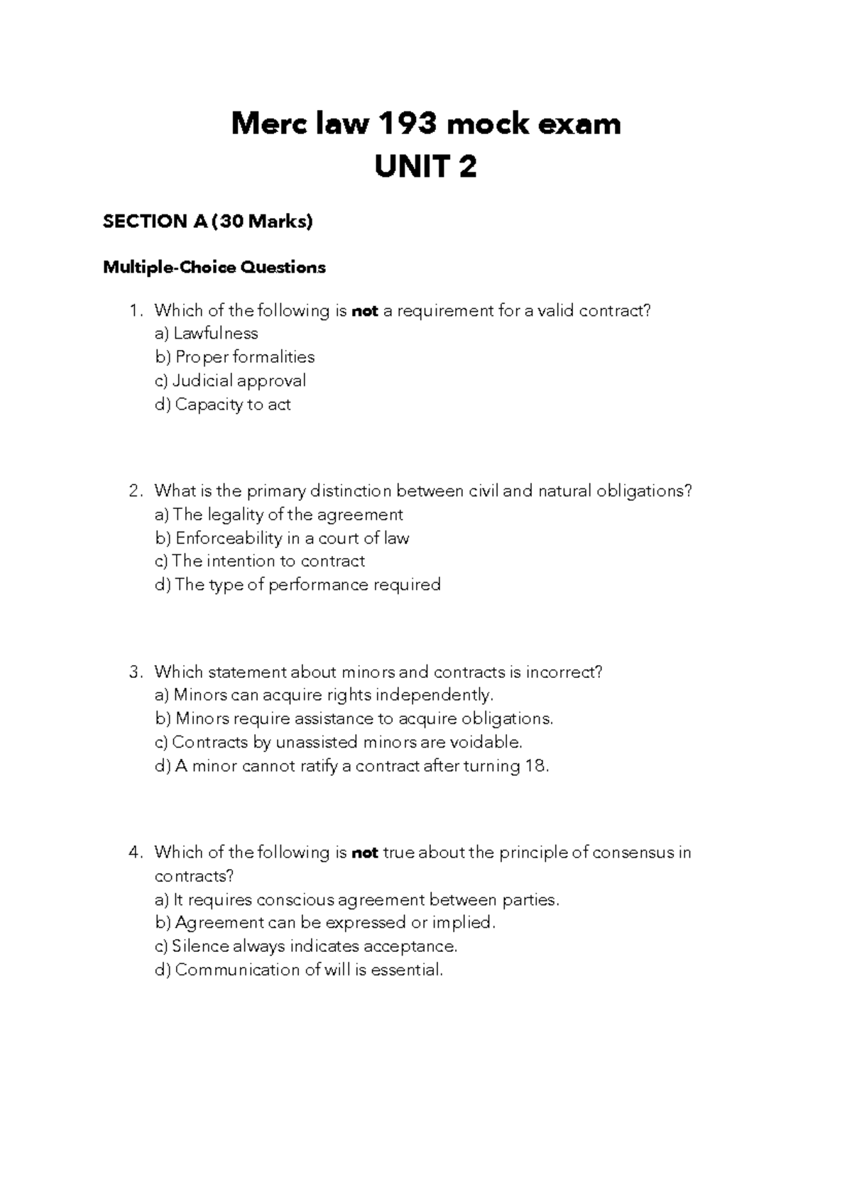 Unit 2 mock test merc law - Merc law 193 mock exam UNIT 2 SECTION A (30 ...