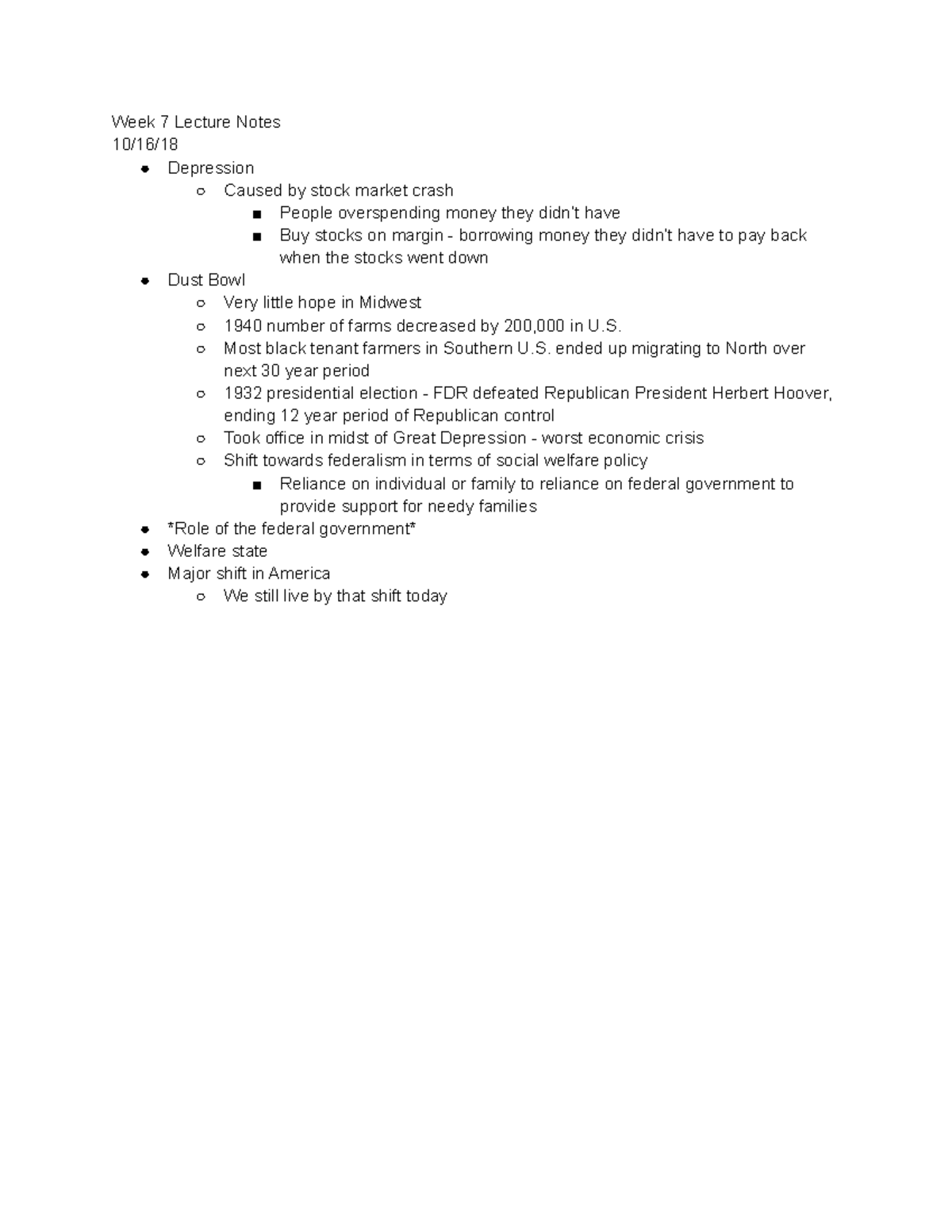 Week 7 Lecture Notes - Depression and the New Deal - Week 7 Lecture ...