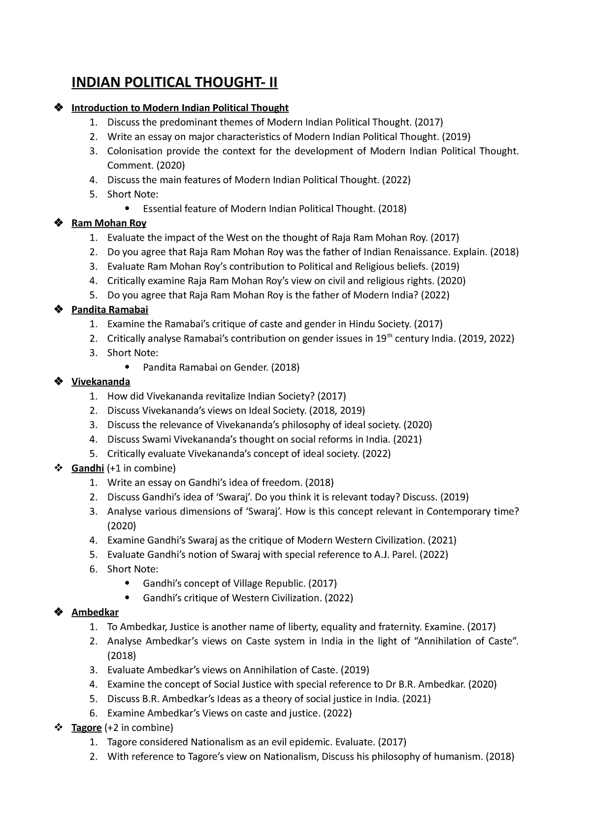 IPT PREVIOUS YEAR QUESTION PAPERS - INDIAN POLITICAL THOUGHT- II ...