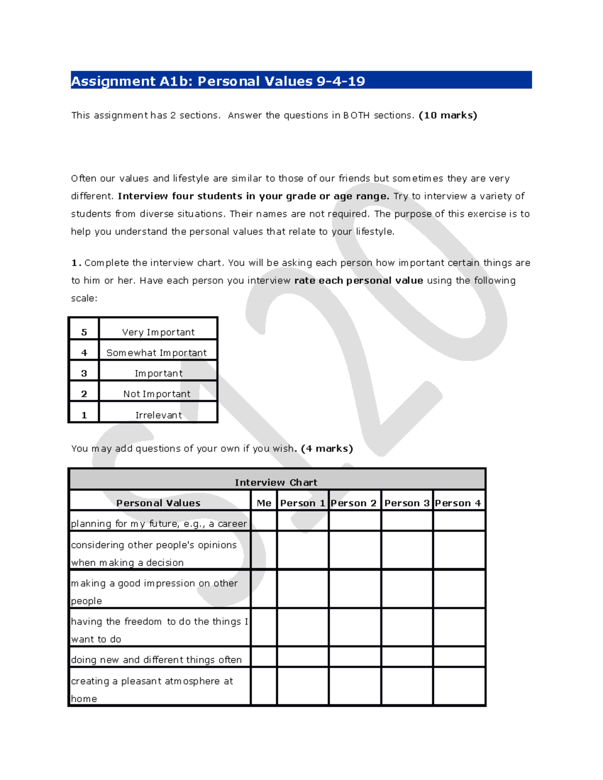1b Values - S Assignment A1b: Personal Values 9-4- This assignment has ...