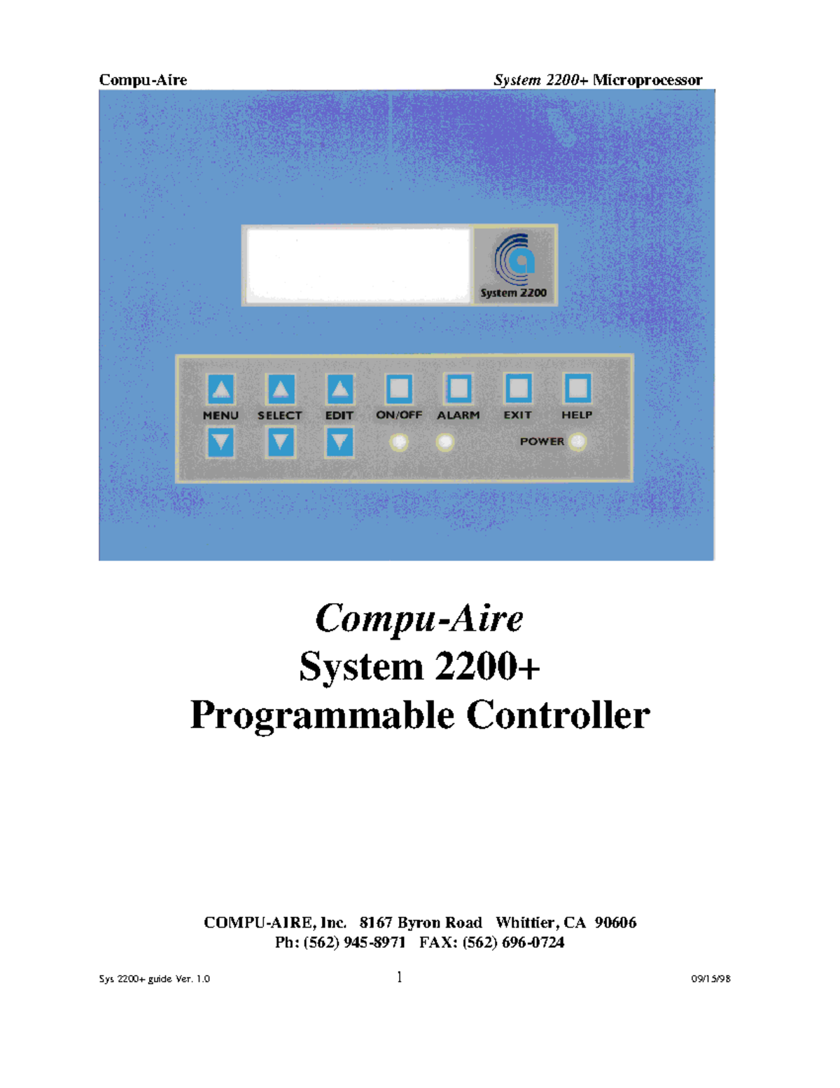 2200 plus manual - hvac - Compu-Aire System 2200+ Programmable ...