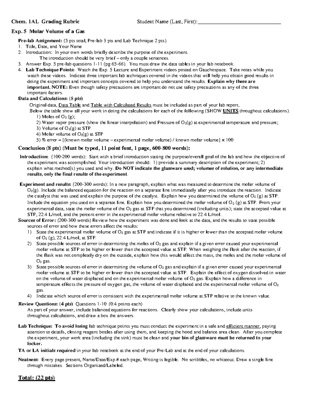 Experiment 5 Chem 1AL - Chem. 1AL Grading Rubric Student Name (Last ...