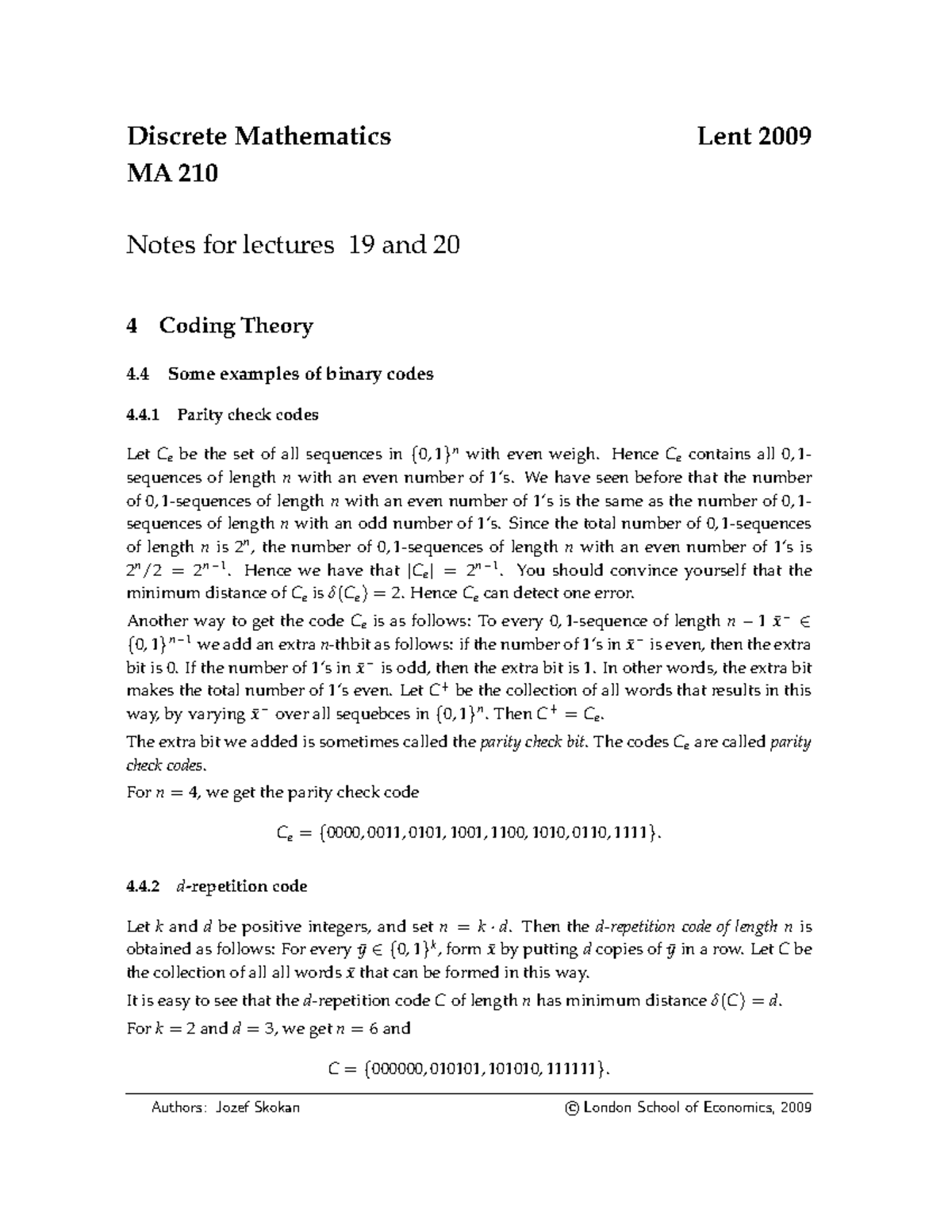 MA210 2009-2010 Lecture 19 & 20 - Discrete Mathematics Lent 2009 MA 210 ...