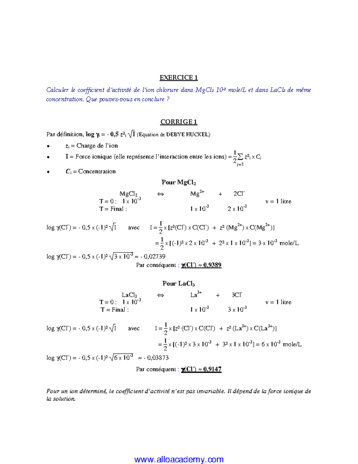 Exercices corrigé 02 chimie des électrolytes Calculer le coefficient — free download