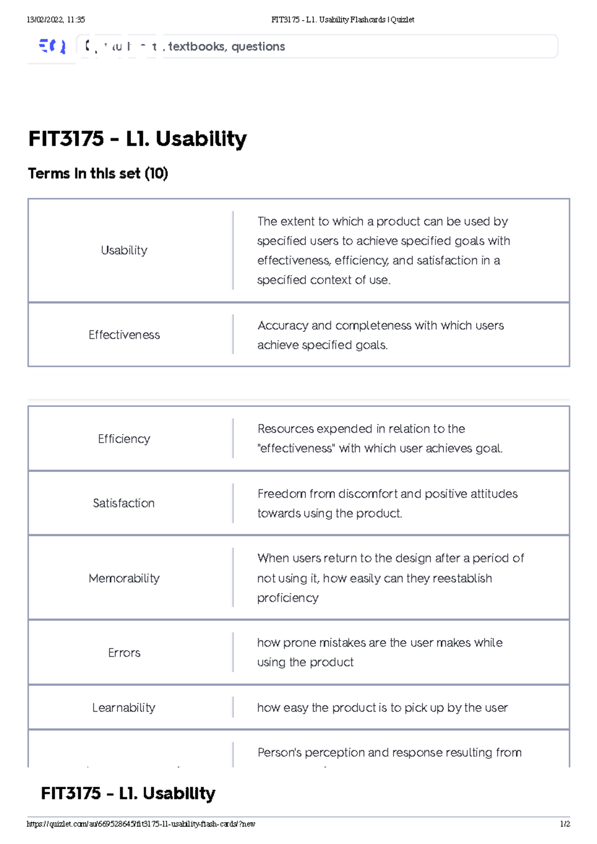 FIT3175 - L1. Usability Flashcards Quizlet - 13/02/2022, 11:35 FIT3175 ...