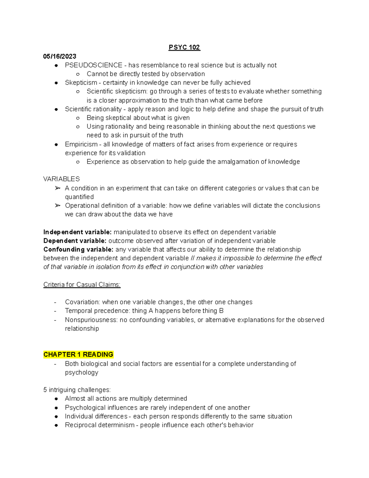 Notes - PSYC 102 05/16/ PSEUDOSCIENCE - has resemblance to real science ...