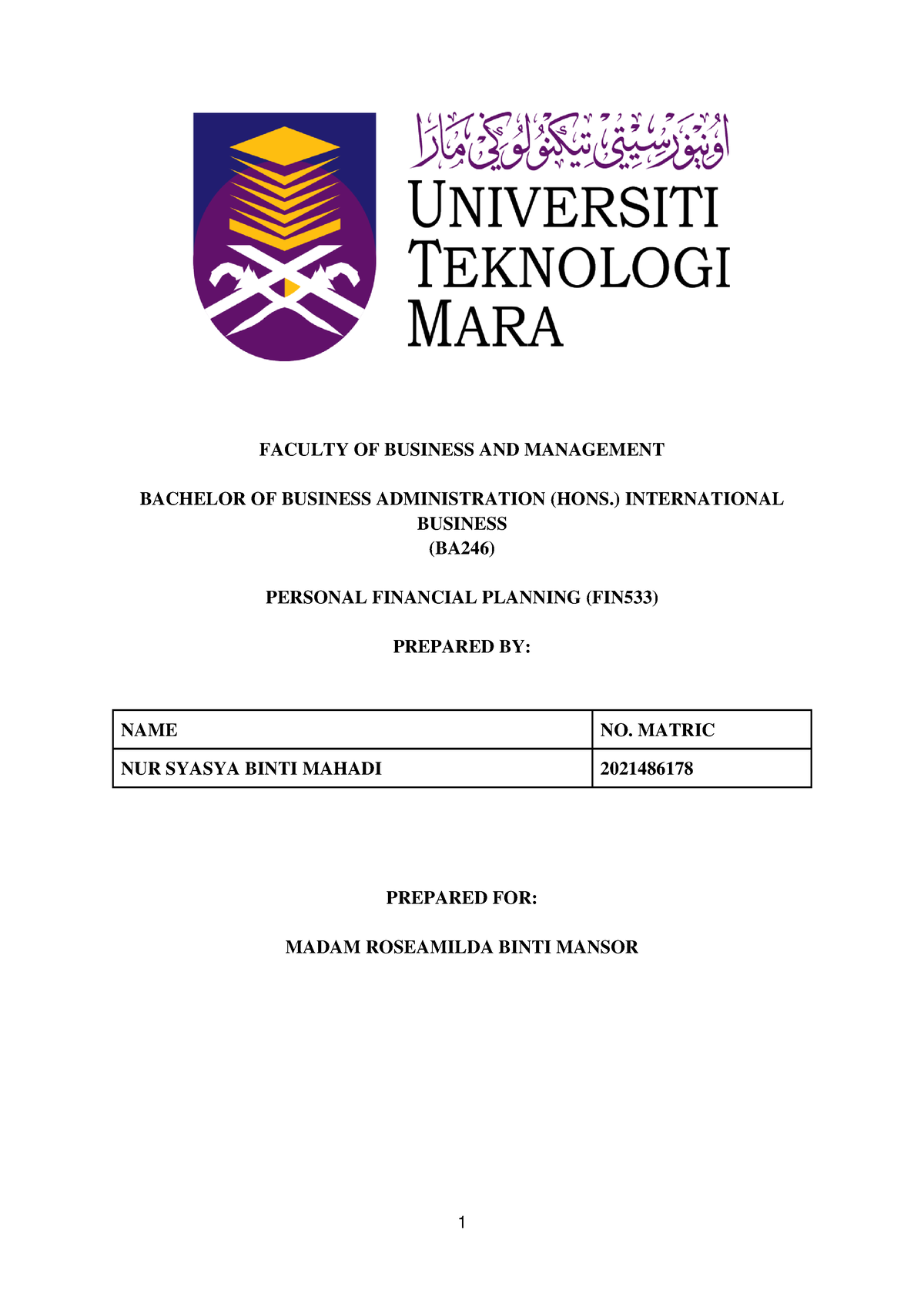 Family Financial Planning FIN533 - FACULTY OF BUSINESS AND MANAGEMENT ...