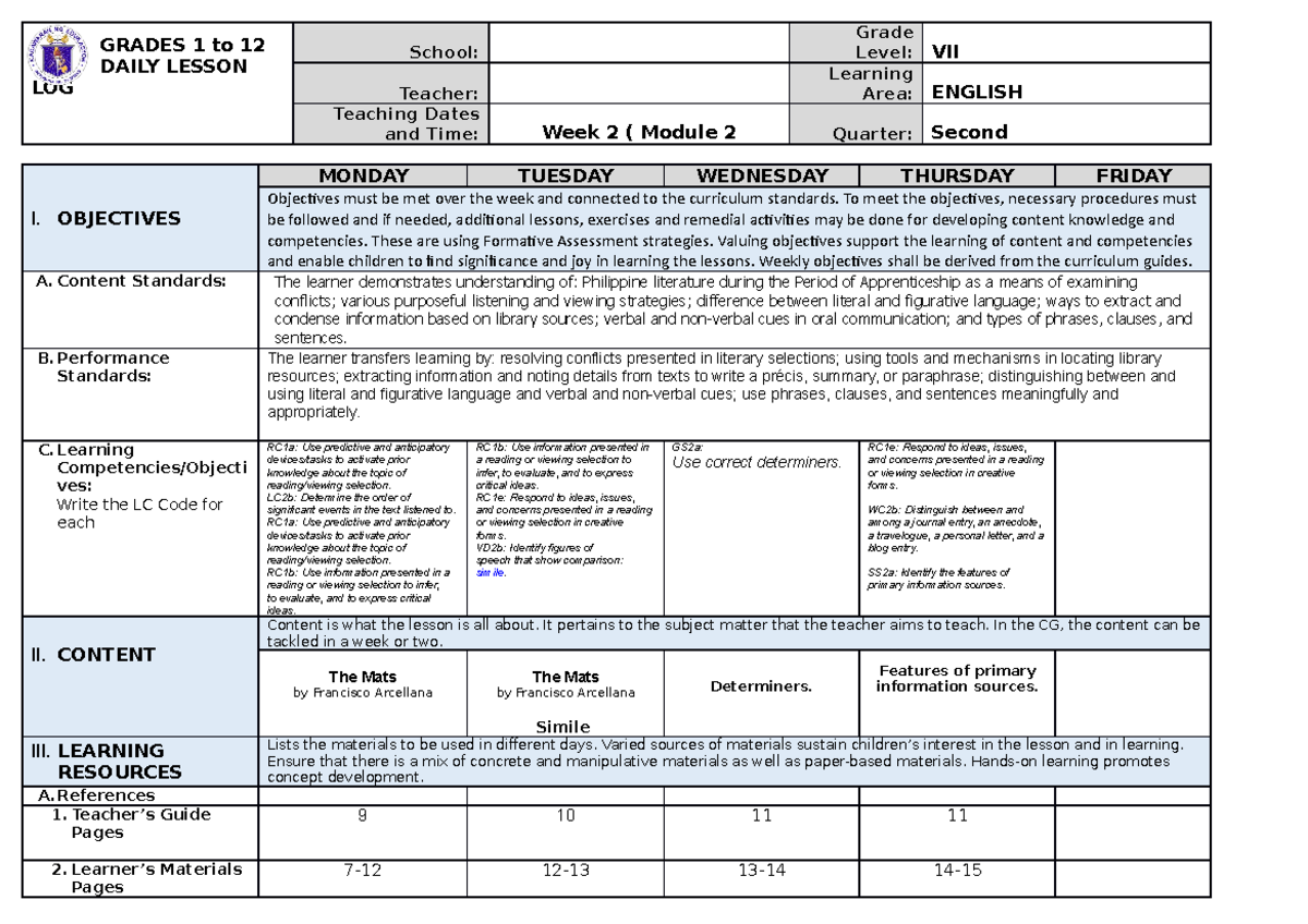 DLL 2nd Quarter wk2 docx - GRADES 1 to 12 DAILY LESSON LOG School ...