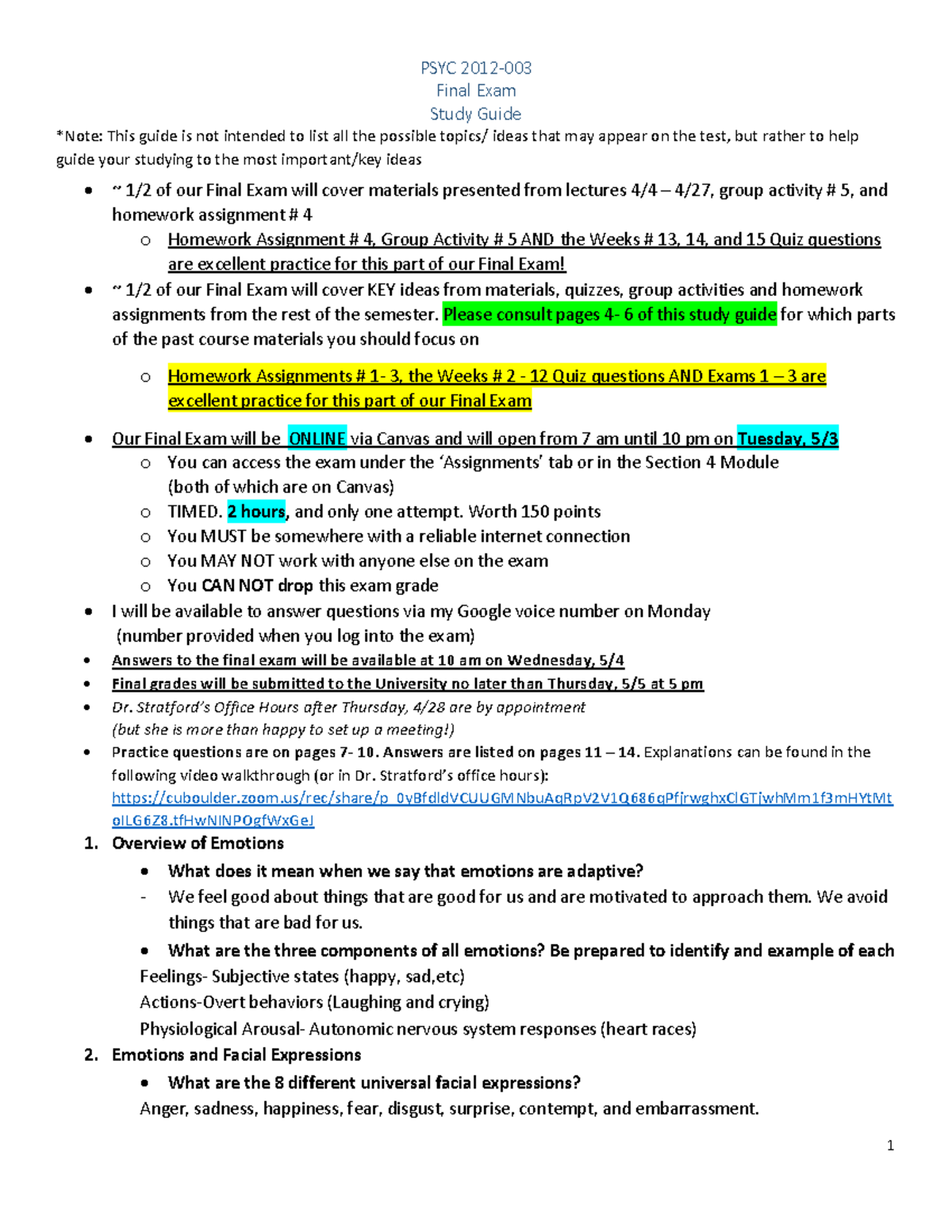 Bio Psych Final Exam Study Guide - PSYC 2012- Final Exam Study Guide ...