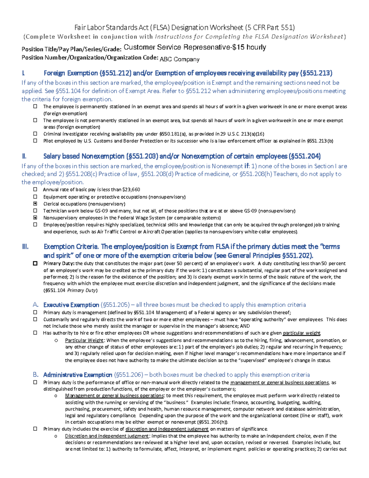 Flsa worksheet 2024 - Fair Labor Standards Act (FLSA) Designation ...