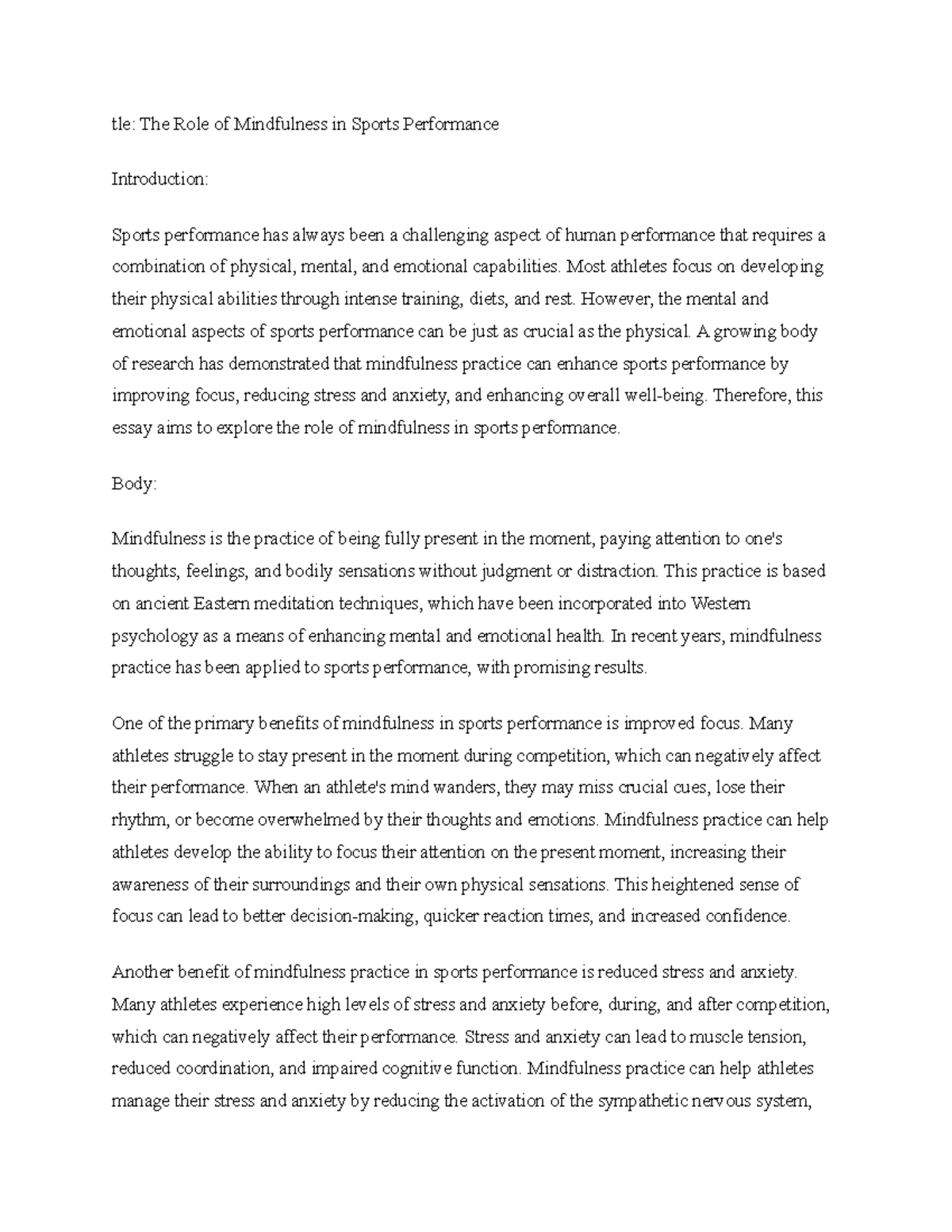 Title The Role of Mindfulness in Sports Performance - tle: The Role of ...