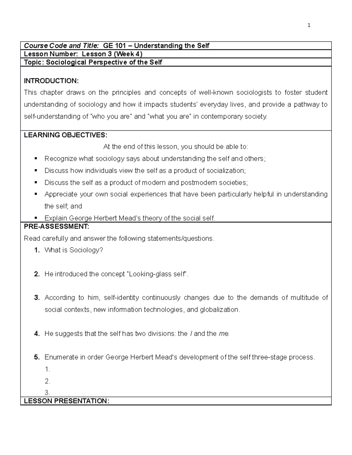 Lesson 3 Week 4 Sociological Perspective of the Self by Sir CSD - Course  Code and Title: GE 101 – - Studocu