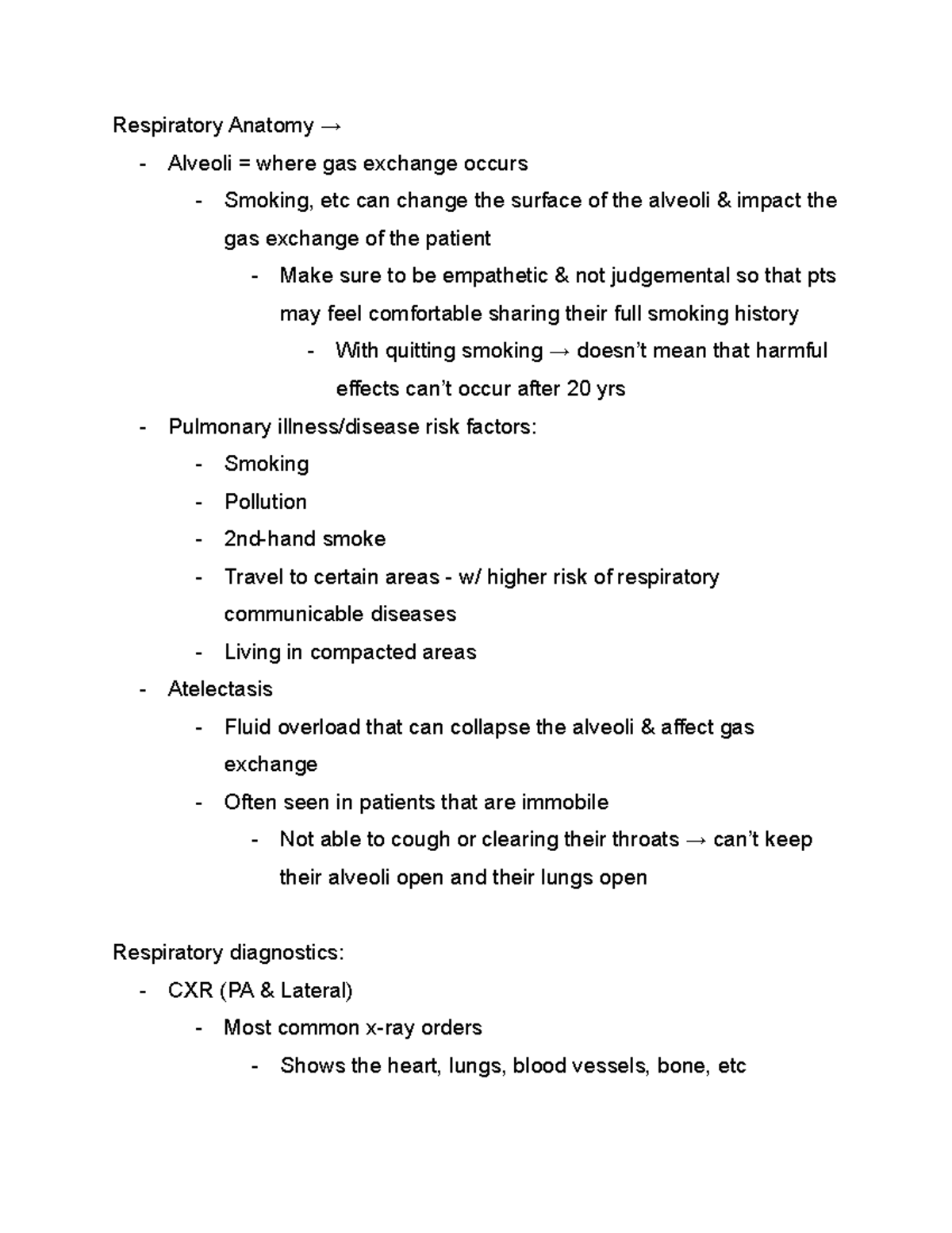 Week 7 Respiratory Disorders.docx - Respiratory Anatomy → - Alveoli ...