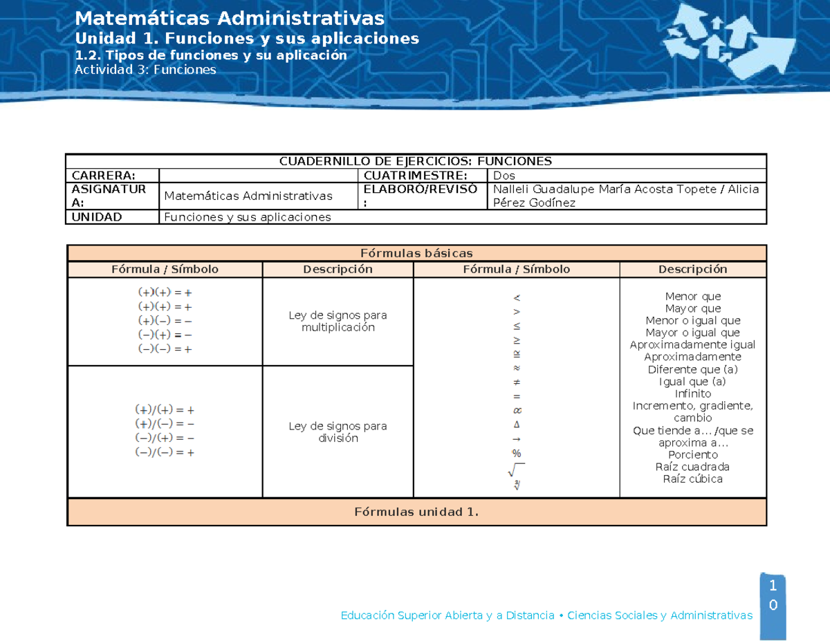 Matematicas Administrativas Unidad 1 Actividad 3 Funciones