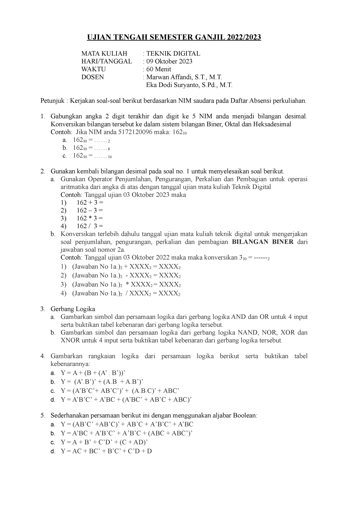 SOAL UTS Tek Digital 2023 B - UJIAN TENGAH SEMESTER GANJIL 2022/20 23 ...